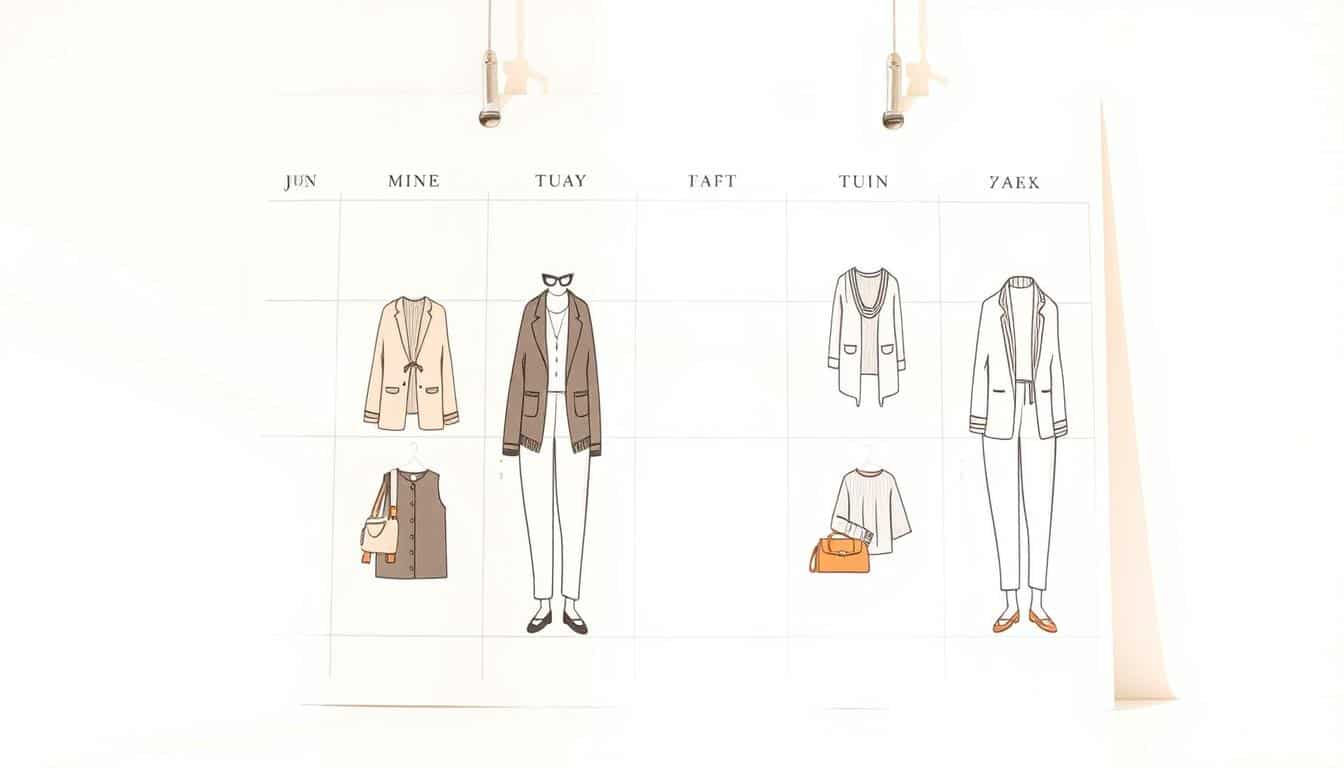 A clean, well-organized calendar with minimalist design, depicting various outfits for each day of the week. The calendar is displayed on a light, airy background, with a subtle grid structure and clean lines. The outfits are rendered in a mix of neutral tones, such as beige, gray, and white, showcasing a versatile wardrobe. Each outfit is depicted with a simple, stylized illustration, capturing the essence of the look without distracting details. The overall composition is balanced, with a focus on the calendar and the outfits, conveying a sense of organization and practicality. Soft, diffused lighting creates a warm, inviting atmosphere, perfect for planning a week's worth of stylish and budget-friendly outfits.