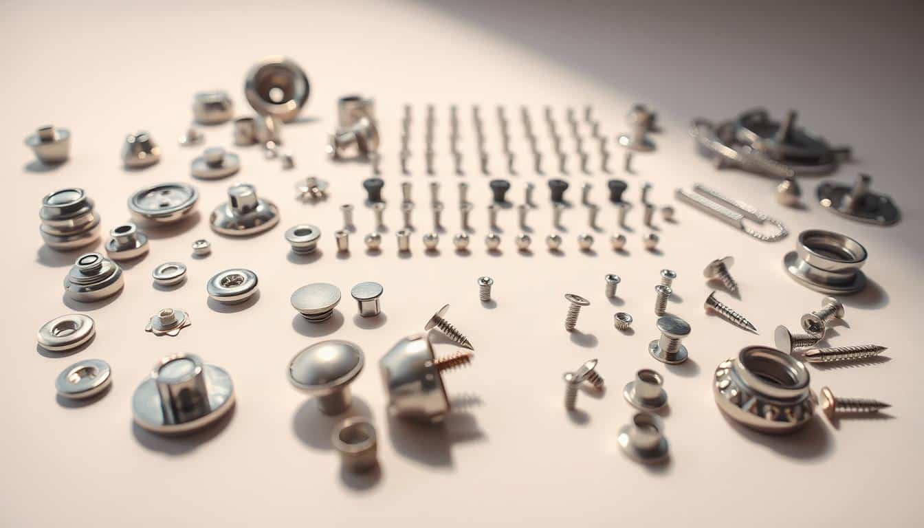 A collection of metallic hardware and industrial-style nails arranged on a clean, neutral background. The foreground features an assortment of shiny, silver-toned buttons, studs, grommets, and other sartorial accents, casting soft shadows on the muted surface. In the middle ground, a mix of various nail heads, including flat, round, and square shapes, are neatly organized, creating a visually striking pattern. The background is a simple, uncluttered studio scene, with soft, even lighting illuminating the accessories and highlighting their textural details. The overall mood is one of understated elegance and the potential for transforming a simple garment or accessory with a touch of industrial-inspired hardware.