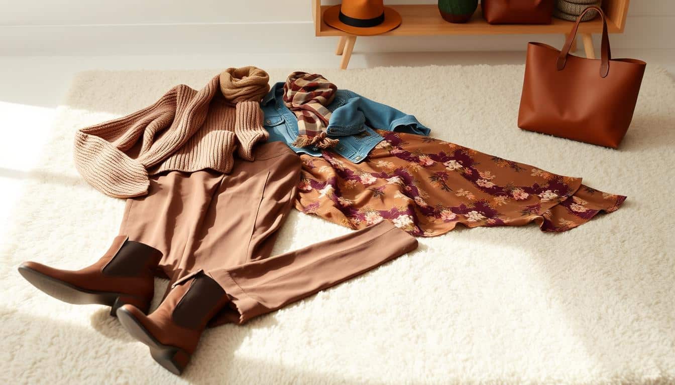 A cozy autumn wardrobe lays out on a soft, neutral-toned rug. In the foreground, a knit sweater, tailored slacks, and a pair of leather boots in rich shades of brown and burgundy. In the middle ground, a flowing maxi dress with a floral pattern in earthy tones, paired with a denim jacket. In the background, a minimalist wooden shelf displays a selection of accessories - a scarf in a warm plaid pattern, a felt fedora, and a structured leather tote bag. Soft, diffused lighting creates a inviting, natural ambiance, showcasing the high-quality, yet affordable, fall fashion pieces.