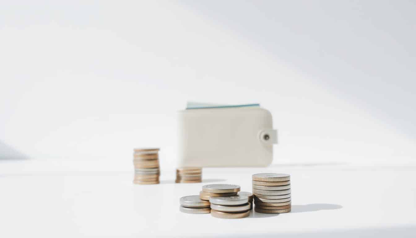A modern, minimalist composition showcasing a simple, yet elegant budget concept. In the foreground, a neatly stacked pile of coins against a crisp white background, casting soft, even shadows. In the middle ground, a modern, minimalist wallet in a neutral tone, open to reveal various cards and bills. The background features a simple, clean wall or surface, with subtle texture or gradient to provide depth and balance. The lighting is natural and diffused, creating a calming, reflective atmosphere. The overall mood is one of organization, control, and financial responsibility.