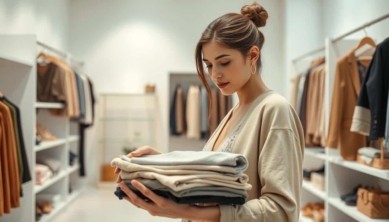 A modern, minimalist shopping scene. In the foreground, a stylish woman examines a stack of clothing items, her fingers delicately running across the fabrics. In the middle ground, sleek, uncluttered shelves display an array of fashionable apparel in muted tones. The background is a clean, bright space with soft, diffused lighting, creating a sense of tranquility and focus. The overall atmosphere conveys a thoughtful, budget-conscious approach to fashion curation, reflecting the "Smart shopping moves for fashion on a tight budget" theme. A modern, minimalist shopping scene. In the foreground, a stylish woman examines a stack of clothing items, her fingers delicately running across the fabrics. In the middle ground, sleek, uncluttered shelves display an array of fashionable apparel in muted tones. The background is a clean, bright space with soft, diffused lighting, creating a sense of tranquility and focus. The overall atmosphere conveys a thoughtful, budget-conscious approach to fashion curation, reflecting the "Smart shopping moves for fashion on a tight budget" theme.