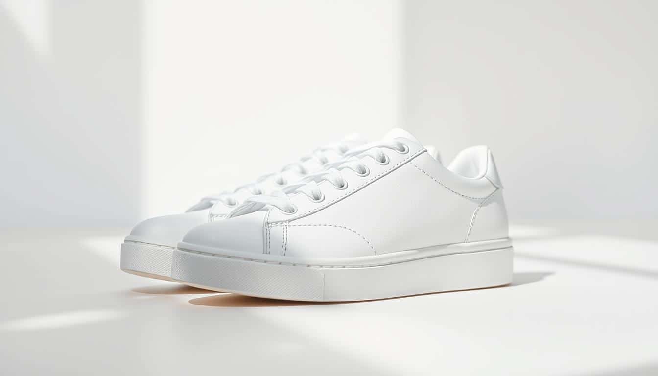 A pair of trendy, low-top sneakers in a classic silhouette, crafted from premium white leather with subtle perforations. The sneakers sit on a clean, minimalist background, allowing the sleek design to take center stage. Bright, natural lighting casts soft shadows, accentuating the smooth curves and clean lines of the footwear. The overall mood is one of effortless style, conveying the versatility of these sneakers to complement a range of casual and semi-formal outfits.