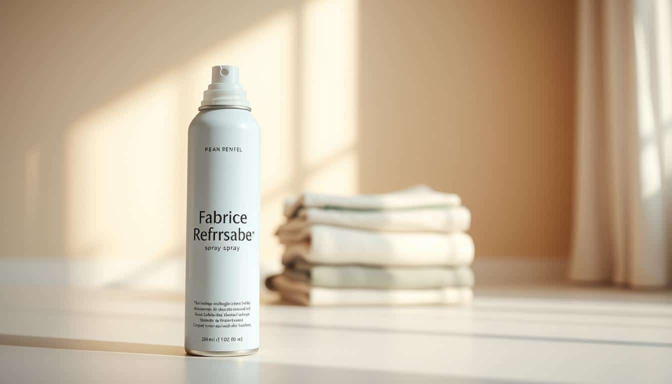 A sleek, minimalist can of fabric refresher spray in a warm-toned room, bathed in soft, diffused lighting. The can is positioned in the foreground, with a slight angle to showcase its label and form. The middle ground features a neatly folded stack of clothing, hinting at the product's intended use. The background is a clean, neutral-colored wall, creating a sense of simplicity and focus on the subject. The overall mood is one of understated elegance, reflecting the product's purpose of revitalizing and refreshing old clothes.