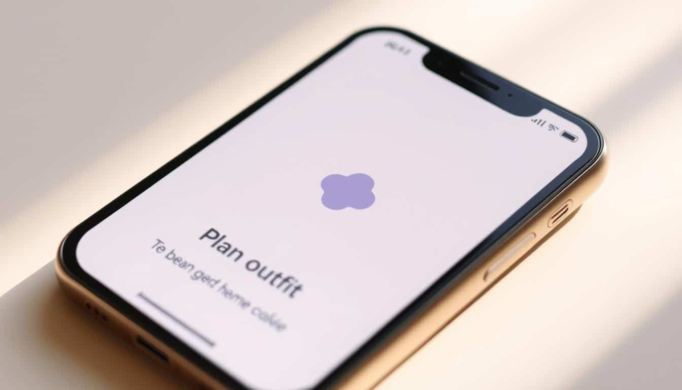 A sleek, modern mobile phone screen displaying a minimalist app interface with a clean, intuitive layout. The app icon is prominently featured, rendered in a soft, pastel color palette that complements the muted, neutral background. The screen is well-lit, with subtle, warm lighting from the side, creating a sense of depth and dimension. The camera angle is slightly elevated, providing a natural, user-friendly perspective. The overall mood is one of simplicity, practicality, and effortless style, reflecting the article's focus on planning outfits that are both budget-friendly and visually appealing.