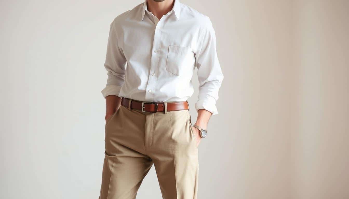 A smart, stylish outfit with intentional details. A crisp, well-tailored shirt in neutral shades, tucked into a pair of slim-fit chinos. A leather belt and smart dress shoes complete the look. The lighting is soft and diffused, highlighting the clean lines and subtle textures. The background is a simple, uncluttered space, allowing the outfit to take center stage. The overall mood is one of understated elegance and attention to detail, reflecting the idea of transforming basic pieces into a thoughtfully curated ensemble.