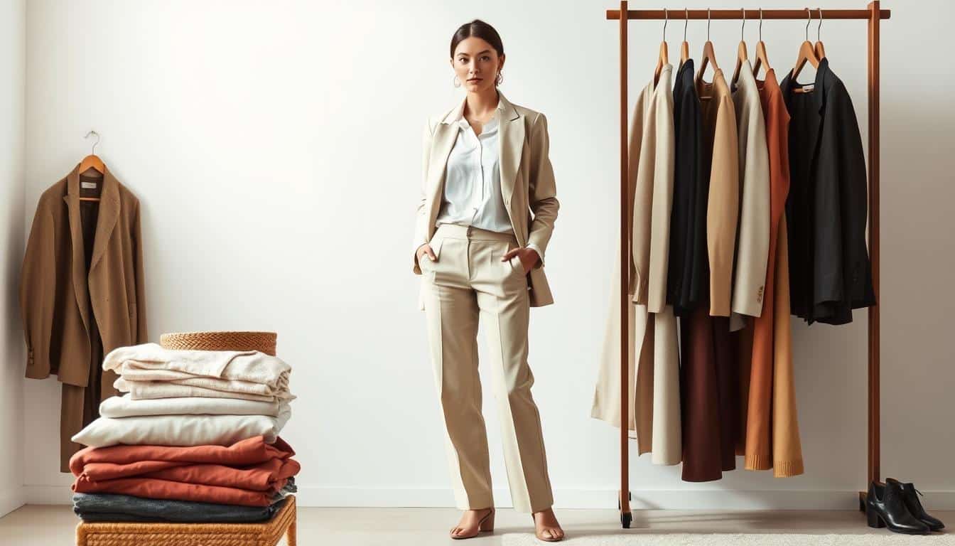 A well-curated wardrobe of effortlessly stylish outfits, artfully arranged against a serene, minimalist backdrop. A model stands gracefully, showcasing a thoughtfully layered ensemble of neutral hues - a crisp white blouse, tailored trousers, and a classic blazer. The lighting is soft and diffused, highlighting the high-quality fabrics and timeless silhouettes. In the foreground, neatly folded garments and accessories suggest a closet of versatile, interchangeable pieces. The overall mood is one of understated sophistication and sustainable fashion choices.
