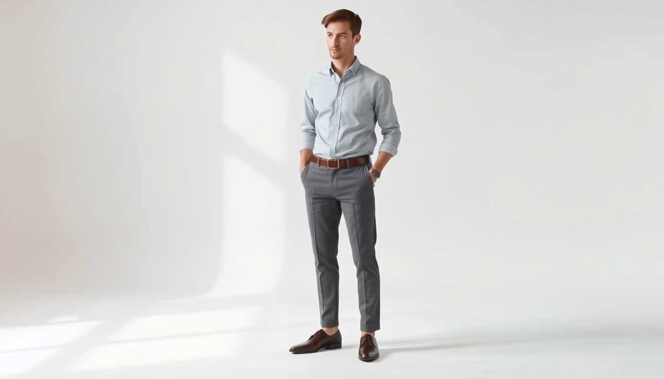 A well-dressed individual in a clean, minimalist studio setting. A crisp button-down shirt, tailored trousers, and polished leather shoes in a neutral palette of grays, whites, and blacks. Soft, diffused lighting from above and behind, creating subtle shadows and highlights that accentuate the clean lines of the outfit. The background is a simple, uncluttered white or light gray seamless backdrop, allowing the focus to remain on the subject and the clothing. The overall mood is one of understated elegance and versatility, suitable for a range of everyday scenarios, from the office to the weekend.
