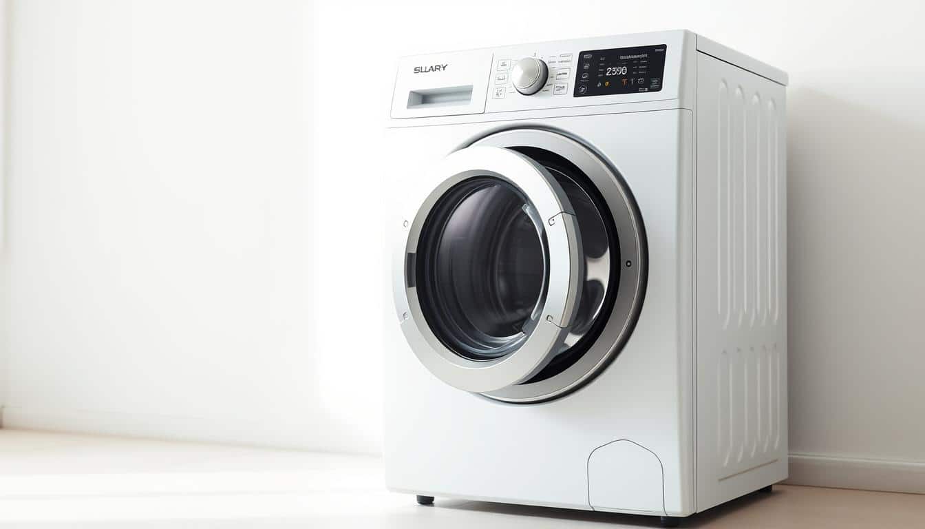 A well-lit, high-resolution photograph of a washing machine in a clean, minimalist interior. The machine is front-loading, with a stainless steel drum and a sleek, modern design. The background is a neutral, light-colored wall, creating a bright and airy atmosphere. The lighting is soft and diffused, highlighting the textures and details of the machine. The camera angle is slightly elevated, capturing the machine in a slightly diagonal perspective, emphasizing its clean lines and symmetry. The overall mood is one of efficiency, simplicity, and a focus on the task of washing clothes.