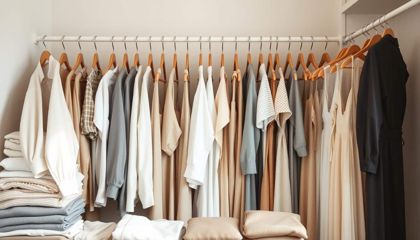 A well-organized, neatly arranged closet with a mix of casual and formal attire. The foreground showcases a variety of folded shirts, pants, and dresses in neutral tones of beige, gray, and white, arranged with precision. The middle ground features a series of wooden or metal hangers holding an assortment of garments, creating a sense of depth and organization. The background depicts a clean, minimal wall in a soft off-white color, providing a calming and uncluttered backdrop. The lighting is natural and diffused, emphasizing the textures and details of the clothing. The overall mood is one of simplicity, tidiness, and a curated, effortless style.