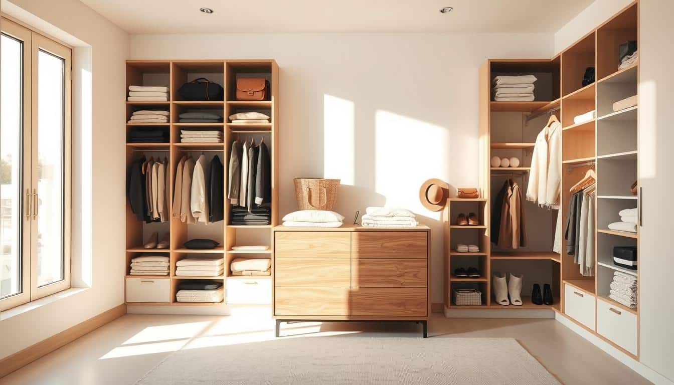 A well-organized wardrobe in a sun-drenched, minimalist space. A sturdy wooden dresser in the middle, with neatly folded clothes in neutral tones - beige, charcoal, and soft whites. The dresser is flanked by sleek, built-in shelving units, housing carefully curated accessories and everyday essentials. The room is bathed in warm, natural light filtering through large windows, casting a serene, airy ambiance. The overall mood is one of efficiency, organization, and a sense of ease - a wardrobe that works hard to serve its purpose, not just look aesthetically pleasing.