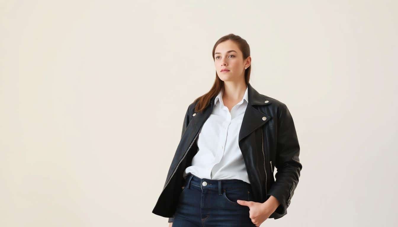 A young woman stands confidently in a well-lit room, her personal style on full display. She wears a well-fitted pair of dark denim jeans, a crisp white button-down shirt, and a classic black leather jacket. Her expression is thoughtful, as if contemplating her next fashion choice. The background is a clean, neutral-toned wall, allowing the focus to remain on her effortless, timeless ensemble. Soft, diffused lighting from above casts a gentle glow, highlighting the details of her outfit and creating a sense of warmth and approachability. This image captures the essence of finding one's personal style - a harmonious blend of classic pieces and individual flair. A young woman stands confidently in a well-lit room, her personal style on full display. She wears a well-fitted pair of dark denim jeans, a crisp white button-down shirt, and a classic black leather jacket. Her expression is thoughtful, as if contemplating her next fashion choice. The background is a clean, neutral-toned wall, allowing the focus to remain on her effortless, timeless ensemble. Soft, diffused lighting from above casts a gentle glow, highlighting the details of her outfit and creating a sense of warmth and approachability. This image captures the essence of finding one's personal style - a harmonious blend of classic pieces and individual flair.