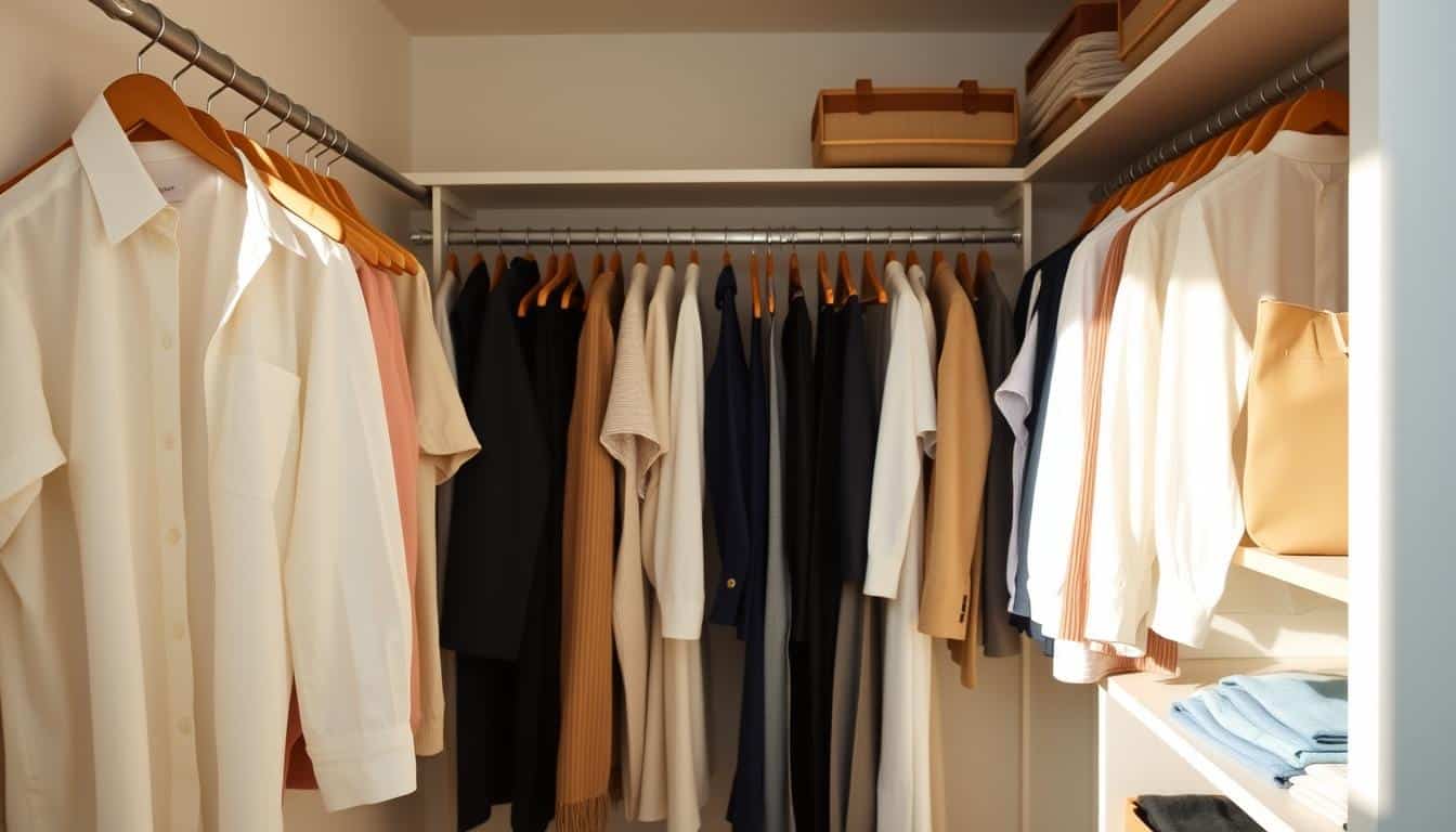 An organized, well-lit closet with a clean, neutral backdrop. Rows of neatly arranged clothing, from classic button-downs to tailored slacks, cast soft shadows under warm, diffused lighting. Wooden hangers and shelves provide ample storage, inviting exploration of wardrobe options. The scene conveys a sense of calm, efficiency, and a thoughtful approach to dressing, setting the stage for the article's advice to shop one's closet first before making new purchases.