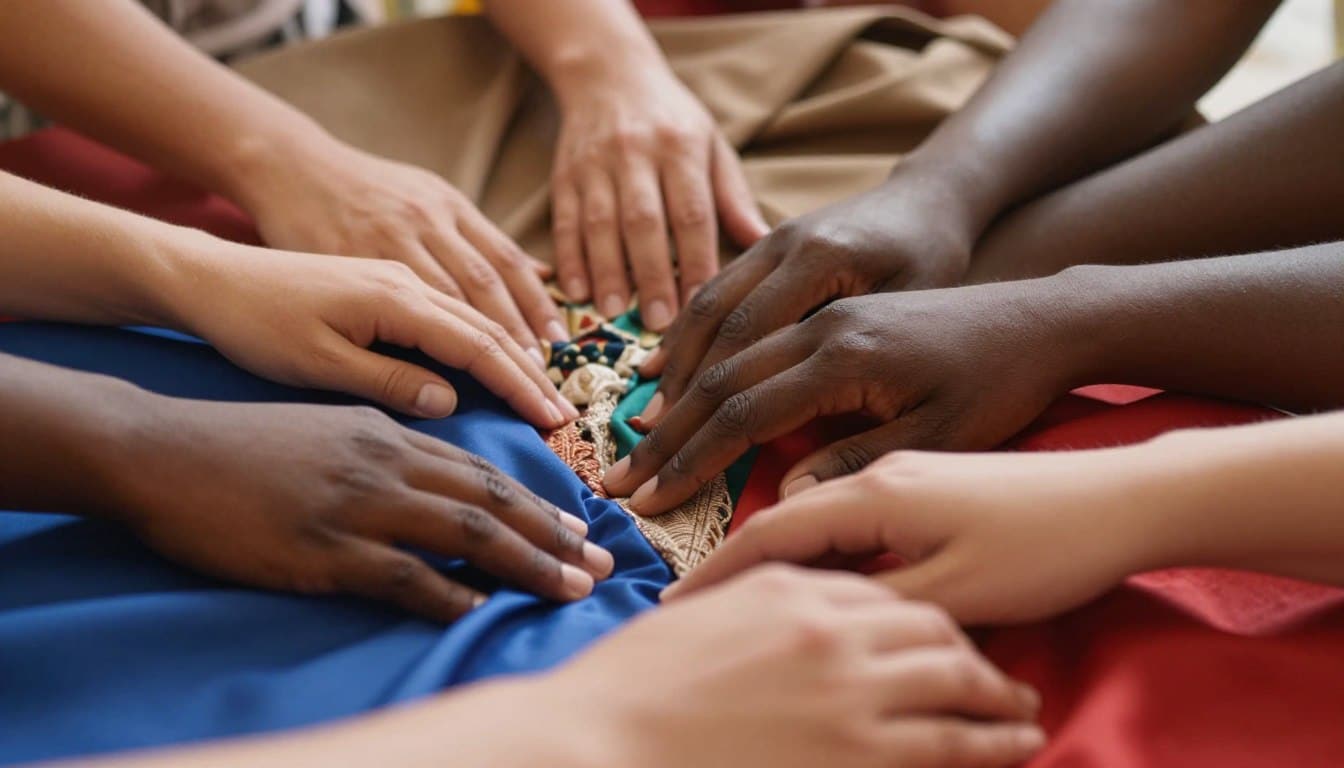 A close-up image of diverse skin tones, beautifully lit to showcase the texture and unique characteristics of each individual’s skin. In the foreground, focus on hands gently touching vibrant fabrics in rich colors like deep blues, warm earth tones, and bright reds, highlighting the interplay between skin and textiles. In the middle ground, include subtle details of a fabric swatch, hinting at patterns and textures, such as silky smoothness or woven intricacies. The background should be softly blurred with warm natural lighting that creates an inviting and inclusive atmosphere. Capture the essence of self-love and body acceptance, emphasizing the beauty of individuality and the joy of expressing oneself through fashion, with a depth of field that draws the viewer’s eye to the richness of the colors and textures.