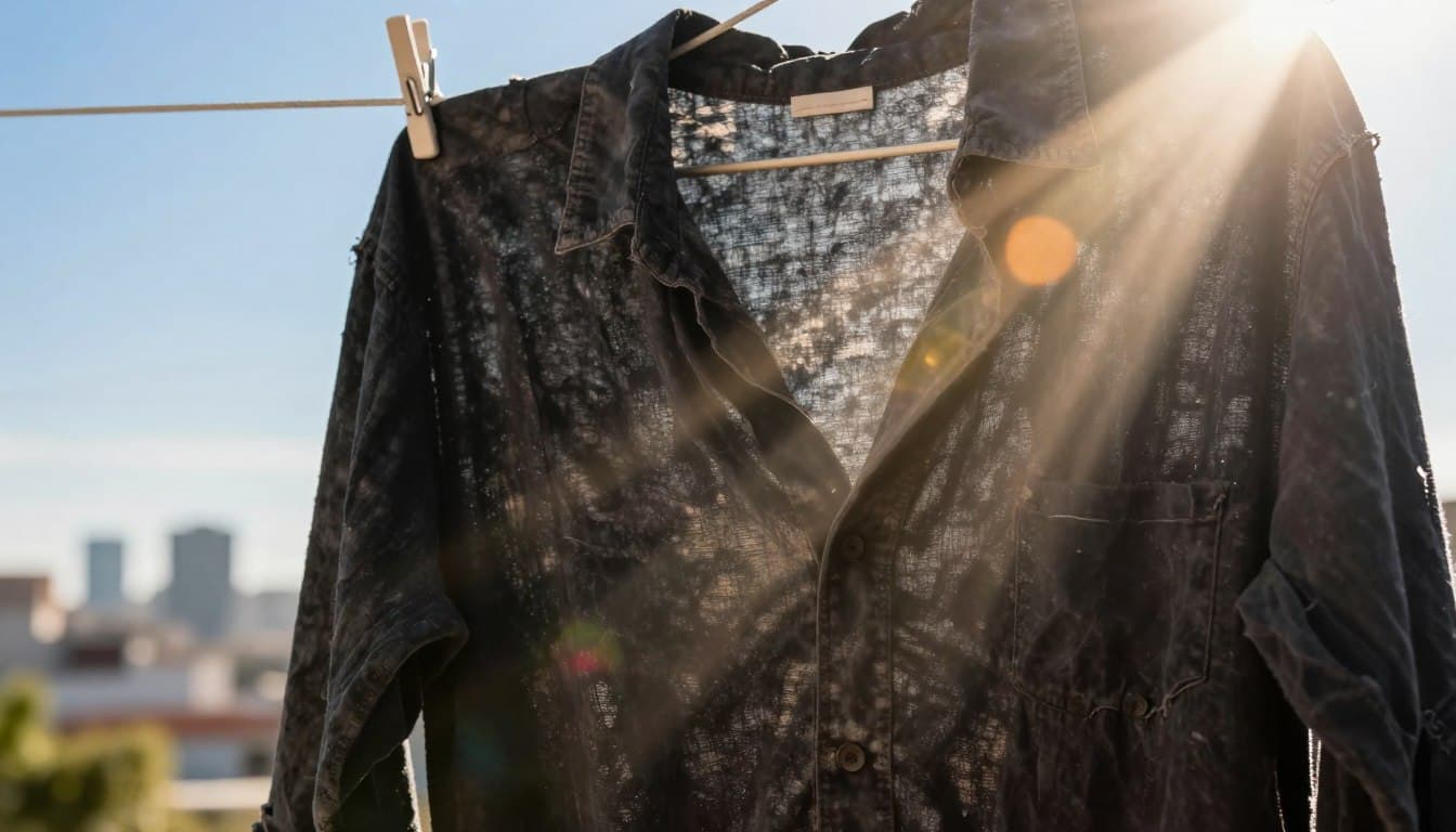A close-up view of a black cotton shirt, partially sun-bleached at the edges, hung on a clothesline under a blazing sun. The fabric is slightly wrinkled, showing signs of wear. In the foreground, beams of intense sunlight filter through, creating a shimmering effect that simulates heat waves. In the middle ground, a faint silhouette of a city skyline can be seen, shimmering due to the heat emanating from the sun. The background features a clear blue sky, enhancing the overall atmosphere of a hot, summer day. The lighting is bright and intense, emphasizing the concept of heat as a factor that causes fading. The image has a warm color palette, evoking a sense of summertime and the harsh effects of heat on fabric.