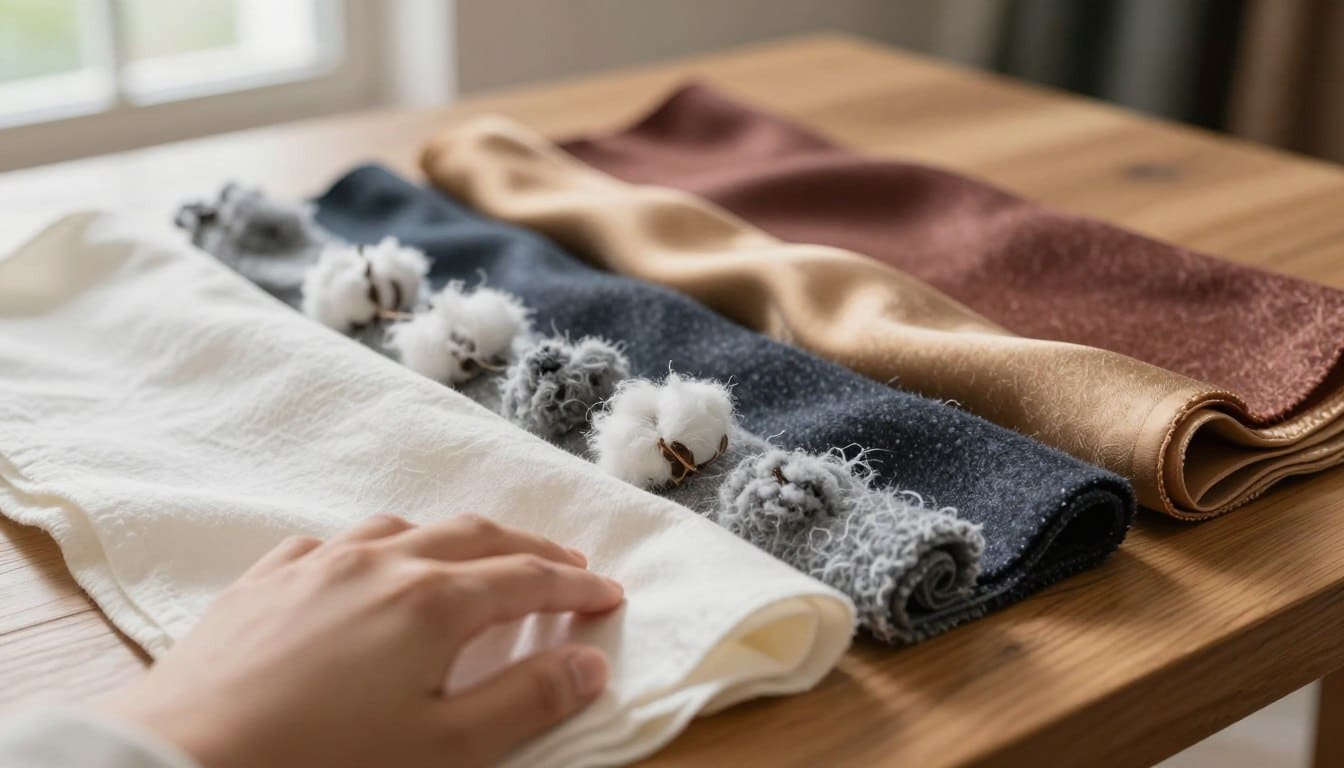 A close-up view of a variety of fabrics displayed neatly on a wooden table, showcasing different textures and colors, such as soft cotton, luxurious silk, and durable wool. In the foreground, a hand gently touches the fabric, illustrating the importance of selecting the right material. The middle ground features an array of fabric pills gathered on a multicolored piece of fabric, artfully demonstrating the issue at hand. The background is softly blurred, with hints of natural sunlight filtering through a nearby window, creating a warm and inviting atmosphere. The image should capture the rich details of the fabric fibers and the contrast between clean and pilled sections, emphasizing care in fabric maintenance. A close-up view of a variety of fabrics displayed neatly on a wooden table, showcasing different textures and colors, such as soft cotton, luxurious silk, and durable wool. In the foreground, a hand gently touches the fabric, illustrating the importance of selecting the right material. The middle ground features an array of fabric pills gathered on a multicolored piece of fabric, artfully demonstrating the issue at hand. The background is softly blurred, with hints of natural sunlight filtering through a nearby window, creating a warm and inviting atmosphere. The image should capture the rich details of the fabric fibers and the contrast between clean and pilled sections, emphasizing care in fabric maintenance.
