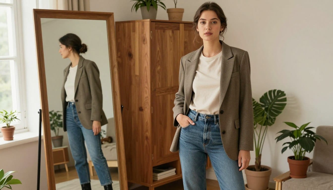 A confident young woman stands in a cozy, sunlit room, showcasing a chic yet comfortable everyday outfit. She wears a tailored, fitted blazer over a soft cotton tee, paired with high-waisted jeans and stylish ankle boots, exuding an air of casual elegance. Her hair is pulled back in a neat bun, and she wears minimal makeup, highlighting her natural beauty. In the foreground, a full-length mirror reflects her confident posture. In the middle ground, a stylish wooden wardrobe and a few potted plants add warmth to the scene. Soft, diffused lighting filters through a nearby window, creating an inviting atmosphere. The camera angle is slightly above eye level, capturing the essence of confidence in everyday fashion. A confident young woman stands in a cozy, sunlit room, showcasing a chic yet comfortable everyday outfit. She wears a tailored, fitted blazer over a soft cotton tee, paired with high-waisted jeans and stylish ankle boots, exuding an air of casual elegance. Her hair is pulled back in a neat bun, and she wears minimal makeup, highlighting her natural beauty. In the foreground, a full-length mirror reflects her confident posture. In the middle ground, a stylish wooden wardrobe and a few potted plants add warmth to the scene. Soft, diffused lighting filters through a nearby window, creating an inviting atmosphere. The camera angle is slightly above eye level, capturing the essence of confidence in everyday fashion.