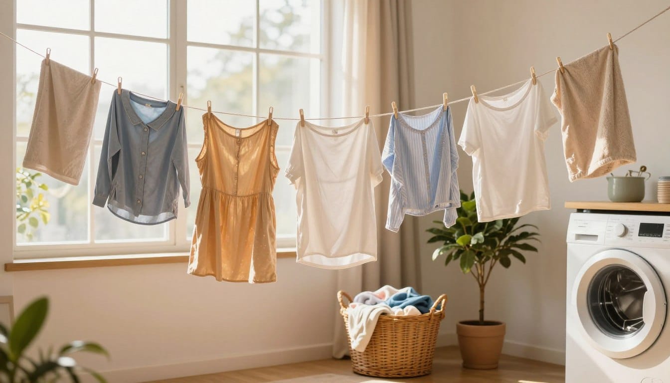 A cozy indoor laundry scene capturing clothes air drying in a bright, sunlit room. In the foreground, a clothesline strung across the window is adorned with various garments like shirts, dresses, and towels fluttering gently in a soft breeze. The middle ground features a wicker basket filled with freshly laundered fabrics, while a stylish potted plant adds a touch of greenery beside it. In the background, large windows let in warm, golden light that illuminates the space, creating a cheerful and inviting atmosphere. The overall mood is serene and homey, reflecting the practicality and benefits of air drying clothes in a comfortable living environment, with an emphasis on natural drying methods. A cozy indoor laundry scene capturing clothes air drying in a bright, sunlit room. In the foreground, a clothesline strung across the window is adorned with various garments like shirts, dresses, and towels fluttering gently in a soft breeze. The middle ground features a wicker basket filled with freshly laundered fabrics, while a stylish potted plant adds a touch of greenery beside it. In the background, large windows let in warm, golden light that illuminates the space, creating a cheerful and inviting atmosphere. The overall mood is serene and homey, reflecting the practicality and benefits of air drying clothes in a comfortable living environment, with an emphasis on natural drying methods.
