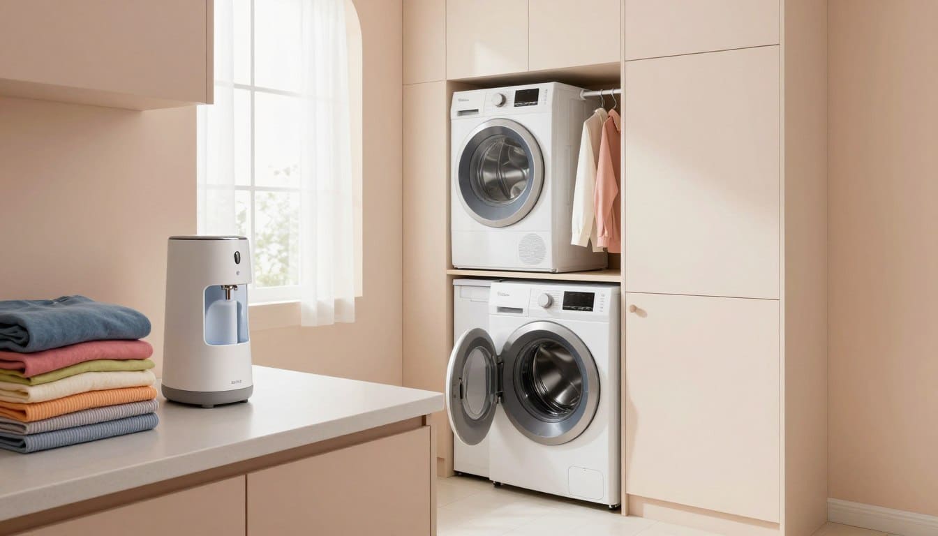 A cozy small laundry room featuring innovative space-saving systems. In the foreground, an organized countertop holds neatly folded colorful laundry and a sleek, modern detergent dispenser. The middle ground showcases compact, stacked washer and dryer appliances, seamlessly integrated into cabinetry, with a hanging rack for clothes in a minimalist design. In the background, soft natural light filters through a small window with sheer curtains, illuminating the room and adding warmth. The walls are painted in a soft pastel color, lending a serene atmosphere. The floor is tiled with light-colored ceramic. The overall mood is cheerful and efficient, highlighting the potential for big results in a compact space. No human subjects are present in the scene.