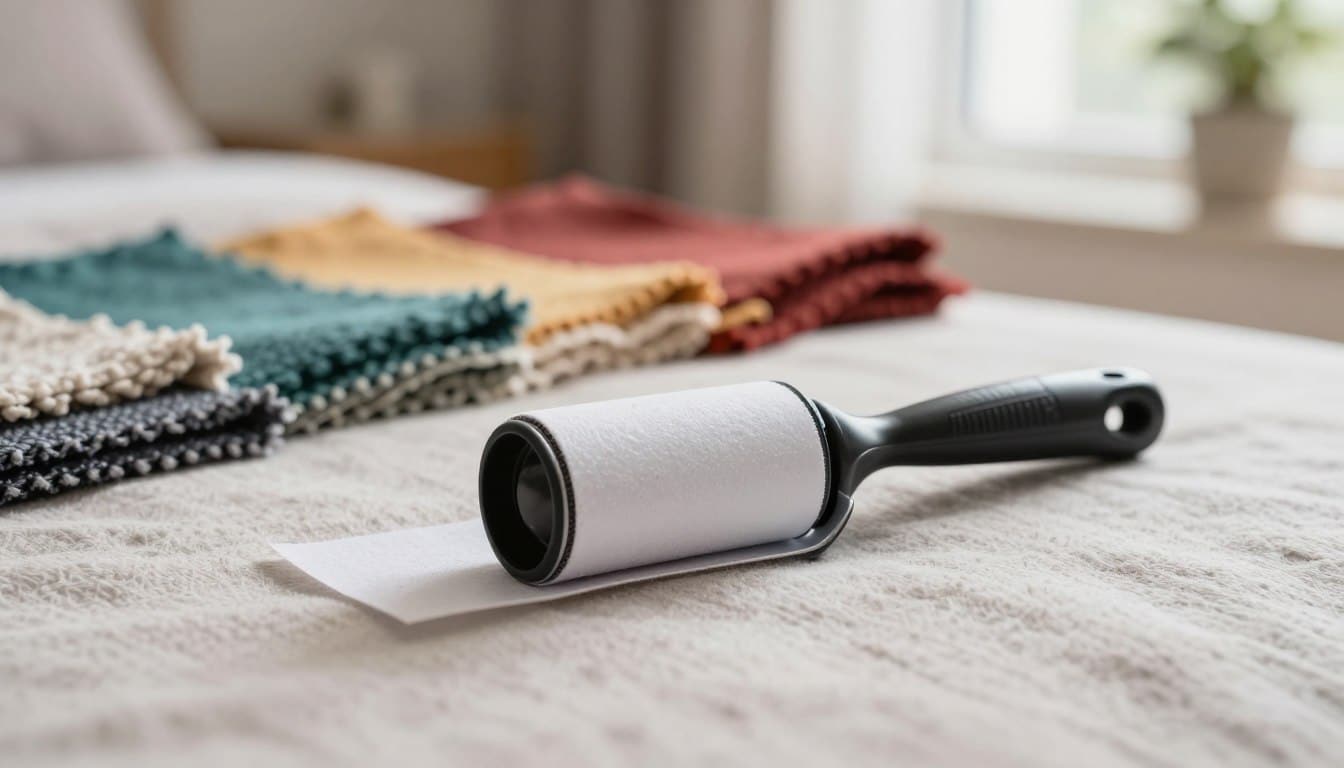 A detailed lint roller rests on a soft, textured fabric surface, showcasing its adhesive sheets partially unrolled. The foreground captures the roller in sharp focus, highlighting the shiny handle and the sticky surface ready to pick up lint. In the middle ground, a variety of colorful fabric swatches are arranged artistically, hinting at the diverse types of materials that could gather fabric pills. The background features a softly blurred living space with natural light pouring in from a nearby window, creating a warm and inviting atmosphere. The overall mood is one of cleanliness and easy maintenance, emphasizing the practicality of the lint roller in everyday life. The image is captured with a shallow depth of field, emphasizing the lint roller while giving a sense of context to the setting. A detailed lint roller rests on a soft, textured fabric surface, showcasing its adhesive sheets partially unrolled. The foreground captures the roller in sharp focus, highlighting the shiny handle and the sticky surface ready to pick up lint. In the middle ground, a variety of colorful fabric swatches are arranged artistically, hinting at the diverse types of materials that could gather fabric pills. The background features a softly blurred living space with natural light pouring in from a nearby window, creating a warm and inviting atmosphere. The overall mood is one of cleanliness and easy maintenance, emphasizing the practicality of the lint roller in everyday life. The image is captured with a shallow depth of field, emphasizing the lint roller while giving a sense of context to the setting.