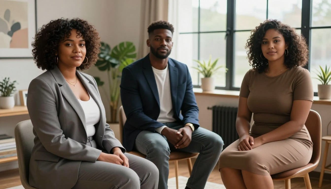 A diverse group of three individuals, each showcasing different body shapes, seated in a cozy, stylish room that reflects a modern lifestyle. In the foreground, the first person, with a pear-shaped silhouette, wears a tailored business outfit that flatters their figure. The second person, with a rectangular body shape, is dressed in smart-casual attire, radiating confidence. The third individual, with an hourglass shape, wears a chic, modest dress. Soft, natural light filters through a large window, illuminating the scene and creating a warm atmosphere. In the background, decorative elements like plants and art pieces add to the inviting feel of the space. The overall mood should convey confidence and individuality, emphasizing the beauty of embracing one's unique body shape in personal style. A diverse group of three individuals, each showcasing different body shapes, seated in a cozy, stylish room that reflects a modern lifestyle. In the foreground, the first person, with a pear-shaped silhouette, wears a tailored business outfit that flatters their figure. The second person, with a rectangular body shape, is dressed in smart-casual attire, radiating confidence. The third individual, with an hourglass shape, wears a chic, modest dress. Soft, natural light filters through a large window, illuminating the scene and creating a warm atmosphere. In the background, decorative elements like plants and art pieces add to the inviting feel of the space. The overall mood should convey confidence and individuality, emphasizing the beauty of embracing one's unique body shape in personal style.