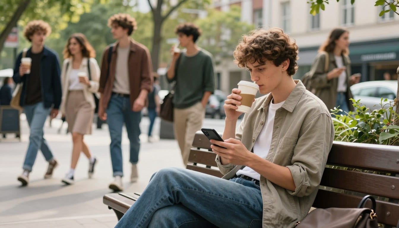 A fashionable individual in a relaxed urban setting, sitting comfortably on a stylish bench, wearing modest but trendy clothing that effortlessly reflects current fashion trends. The foreground shows their thoughtful expression, conveying a sense of effortlessness while they sip coffee, glancing at their phone. In the middle ground, a diverse group of young adults strolls by, showcasing various approachable styles without ostentation. The background features a vibrant cityscape with greenery, suggesting a lively yet laid-back atmosphere. Soft, natural lighting filters through nearby trees, enhancing the scene's warmth and inviting feel. The angle is slightly elevated to capture both the individual and the bustling environment, creating a mood of confidence and ease while navigating fashion trends without the pressure of trying too hard. A fashionable individual in a relaxed urban setting, sitting comfortably on a stylish bench, wearing modest but trendy clothing that effortlessly reflects current fashion trends. The foreground shows their thoughtful expression, conveying a sense of effortlessness while they sip coffee, glancing at their phone. In the middle ground, a diverse group of young adults strolls by, showcasing various approachable styles without ostentation. The background features a vibrant cityscape with greenery, suggesting a lively yet laid-back atmosphere. Soft, natural lighting filters through nearby trees, enhancing the scene's warmth and inviting feel. The angle is slightly elevated to capture both the individual and the bustling environment, creating a mood of confidence and ease while navigating fashion trends without the pressure of trying too hard.