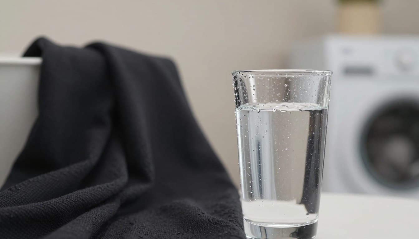 A glistening glass of cold water stands prominently in the foreground, droplets cascading down its surface to suggest freshness. The water is crystal clear, reflecting light in a way that creates a shimmering effect. In the middle ground, a light, textured fabric of deep black clothing is draped elegantly, subtly showcasing its rich color against the backdrop of a soft, neutral gradient that emphasizes the contrast. In the background, the gentle hint of a laundry space with muted tones and soft, diffused lighting enhances the serene atmosphere. The overall mood is calm and refreshing, highlighting the importance of cool water in the garment care process. Use a soft-focus lens to create a dreamy depth of field, ensuring the attention remains on the water and the garment, devoid of distractions and text.