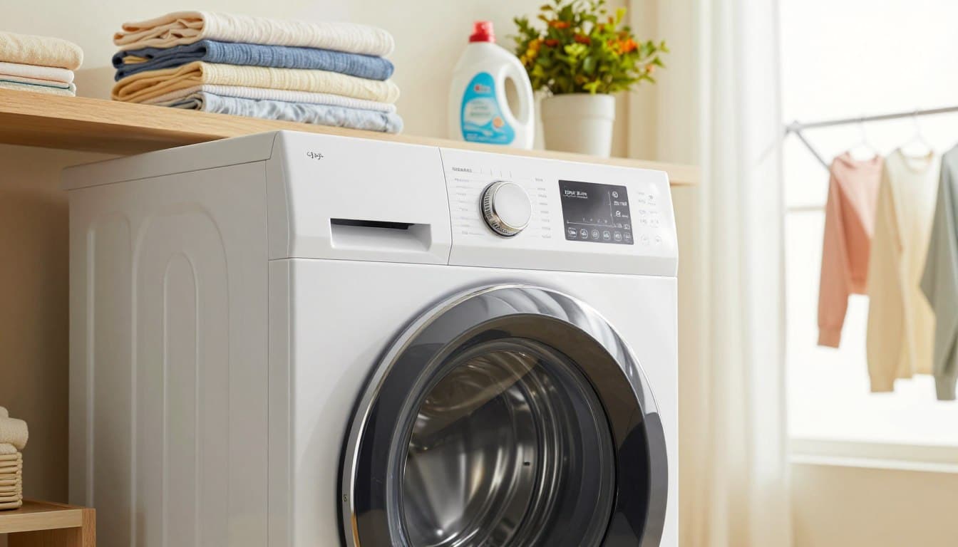A modern, sleek clothes dryer prominently displayed in a bright, organized laundry room. In the foreground, the dryer’s glossy finish reflects soft, natural light coming from a nearby window. The middle ground features neatly folded clothes stacked on a nearby shelf, emphasizing the convenience of machine drying. The background showcases laundry accessories like fabric softener, a drying rack, and a vibrant houseplant, adding warmth to the scene. The perspective is angled slightly above eye level, capturing the dryer in a dynamic, inviting way. The overall mood conveys efficiency and warmth, highlighting the advantages of machine drying while maintaining a clean and organized environment. A modern, sleek clothes dryer prominently displayed in a bright, organized laundry room. In the foreground, the dryer’s glossy finish reflects soft, natural light coming from a nearby window. The middle ground features neatly folded clothes stacked on a nearby shelf, emphasizing the convenience of machine drying. The background showcases laundry accessories like fabric softener, a drying rack, and a vibrant houseplant, adding warmth to the scene. The perspective is angled slightly above eye level, capturing the dryer in a dynamic, inviting way. The overall mood conveys efficiency and warmth, highlighting the advantages of machine drying while maintaining a clean and organized environment.