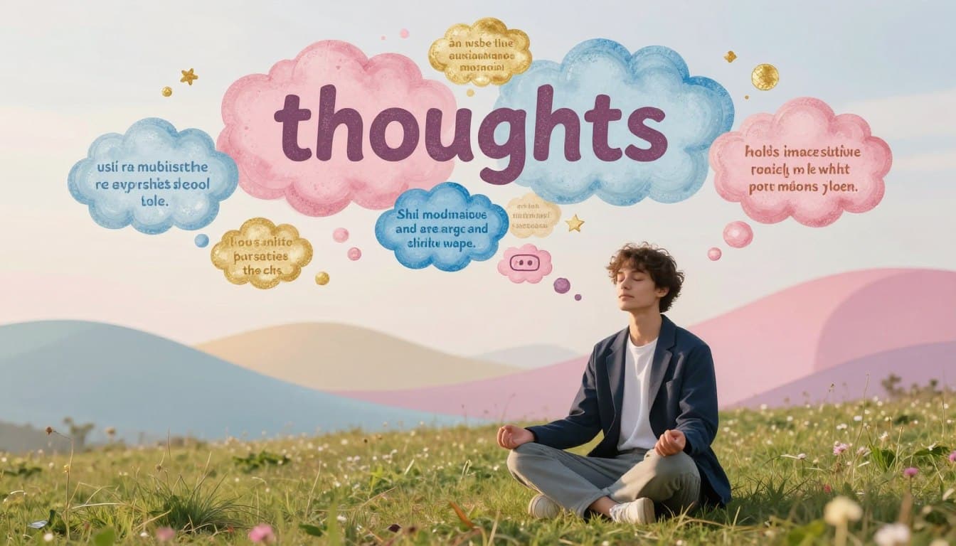 A serene and contemplative scene illustrating the concept of "thoughts." In the foreground, a youthful person dressed in smart casual clothing sits cross-legged on a soft grassy knoll, eyes closed in meditation, reflecting inner peace and acceptance. The middle ground features swirling, colorful thought bubbles filled with positive affirmations about body image and self-love, blending vibrant hues of pink, blue, and gold. Soft, diffused lighting bathes the entire scene, enhancing a warm and encouraging atmosphere. In the background, abstract shapes and gentle waves of color symbolize the fluidity of thought, creating a harmonious blend of nature and creativity. The overall mood is uplifting, promoting a sense of tranquility and self-acceptance.