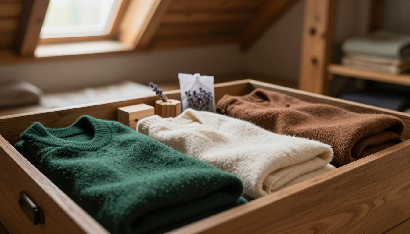 A serene and inviting storage scene showcasing wool, silk, and cashmere garments protected from pests. In the foreground, a beautifully arranged wooden box opens to reveal neatly folded, luxurious fabrics with rich textures and colors — deep greens, soft creams, and warm browns. In the middle ground, delicate cedar blocks and lavender sachets lie alongside the fabrics, emitting a subtle hint of freshness. The background features a softly lit, cozy attic space with rustic wooden beams and muted light filtering through a small window, creating a warm atmosphere. The overall mood is safe and protective, emphasizing tranquility and the importance of caring for these delicate materials. Capture this scene with a soft focus, using warm lighting to enhance the inviting ambiance. A serene and inviting storage scene showcasing wool, silk, and cashmere garments protected from pests. In the foreground, a beautifully arranged wooden box opens to reveal neatly folded, luxurious fabrics with rich textures and colors — deep greens, soft creams, and warm browns. In the middle ground, delicate cedar blocks and lavender sachets lie alongside the fabrics, emitting a subtle hint of freshness. The background features a softly lit, cozy attic space with rustic wooden beams and muted light filtering through a small window, creating a warm atmosphere. The overall mood is safe and protective, emphasizing tranquility and the importance of caring for these delicate materials. Capture this scene with a soft focus, using warm lighting to enhance the inviting ambiance.