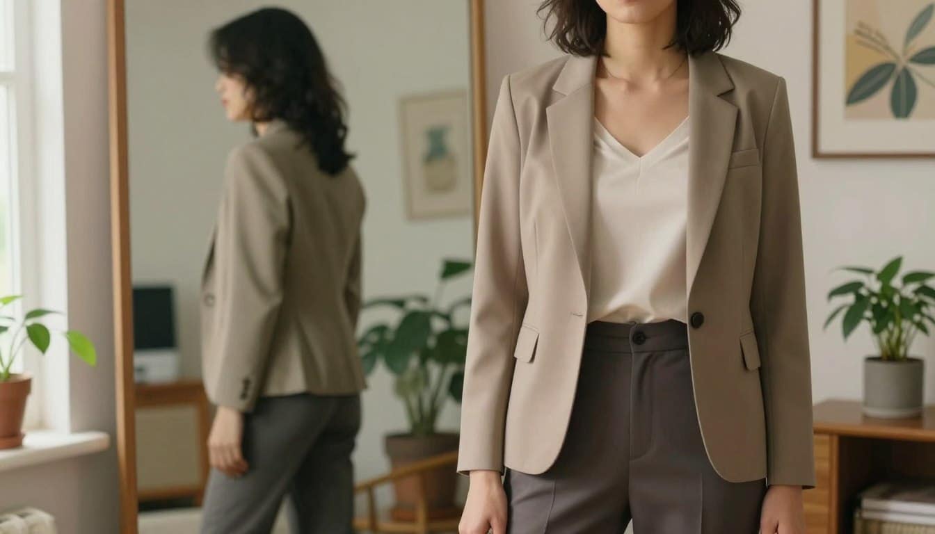 A serene and stylish individual stands confidently in the foreground, showcasing a personal outfit that reflects individuality and comfort. They wear a well-fitted blazer over a simple, elegant top, paired with tailored pants that blend professionalism with casual flair. The middle ground features a mirror reflecting the same outfit from different angles, symbolizing self-reflection and personal style. Soft, natural light filters in from a nearby window, creating a warm and inviting atmosphere, highlighting the textures of the clothing. The background is a tastefully decorated room with plants and artwork, suggesting a space that resonates with creativity and personal touch. The mood is inspiring and empowering, encouraging viewers to embrace their unique style. A serene and stylish individual stands confidently in the foreground, showcasing a personal outfit that reflects individuality and comfort. They wear a well-fitted blazer over a simple, elegant top, paired with tailored pants that blend professionalism with casual flair. The middle ground features a mirror reflecting the same outfit from different angles, symbolizing self-reflection and personal style. Soft, natural light filters in from a nearby window, creating a warm and inviting atmosphere, highlighting the textures of the clothing. The background is a tastefully decorated room with plants and artwork, suggesting a space that resonates with creativity and personal touch. The mood is inspiring and empowering, encouraging viewers to embrace their unique style.