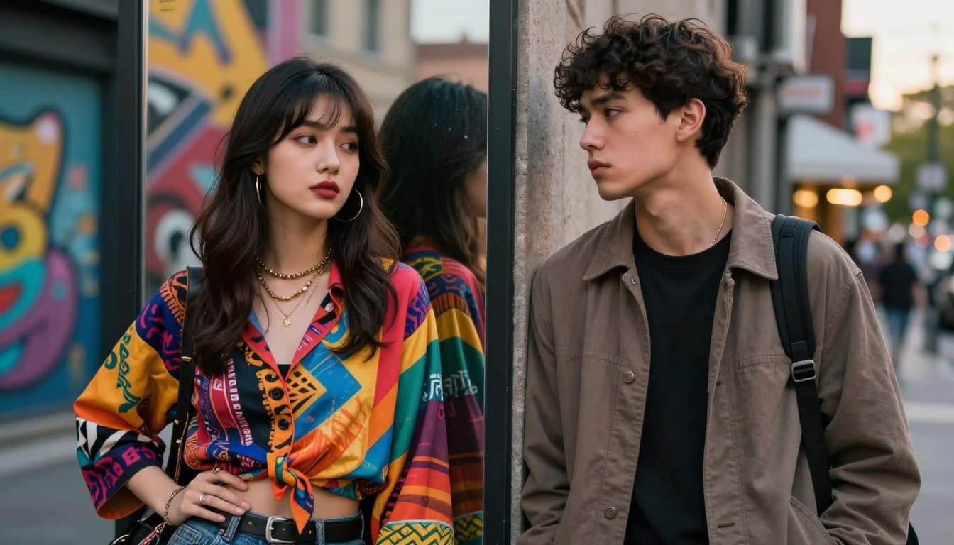 A split scene depicting "comparison" in personal style. In the foreground, show two individuals standing side by side on a trendy city street. On the left, a confident young woman dressed in a vibrant, unique outfit with bold patterns and accessories, exuding self-assurance. On the right, a pensive young man in a more common, understated outfit looking at the woman with admiration but a hint of doubt. In the middle, a mirror reflecting both of them, symbolizing comparison. The background features an urban setting with colorful street art and soft evening lighting, creating a warm, introspective atmosphere. Use a close-up perspective to emphasize their expressions and the contrast in their styles, highlighting the theme of confidence amidst comparison. A split scene depicting "comparison" in personal style. In the foreground, show two individuals standing side by side on a trendy city street. On the left, a confident young woman dressed in a vibrant, unique outfit with bold patterns and accessories, exuding self-assurance. On the right, a pensive young man in a more common, understated outfit looking at the woman with admiration but a hint of doubt. In the middle, a mirror reflecting both of them, symbolizing comparison. The background features an urban setting with colorful street art and soft evening lighting, creating a warm, introspective atmosphere. Use a close-up perspective to emphasize their expressions and the contrast in their styles, highlighting the theme of confidence amidst comparison.