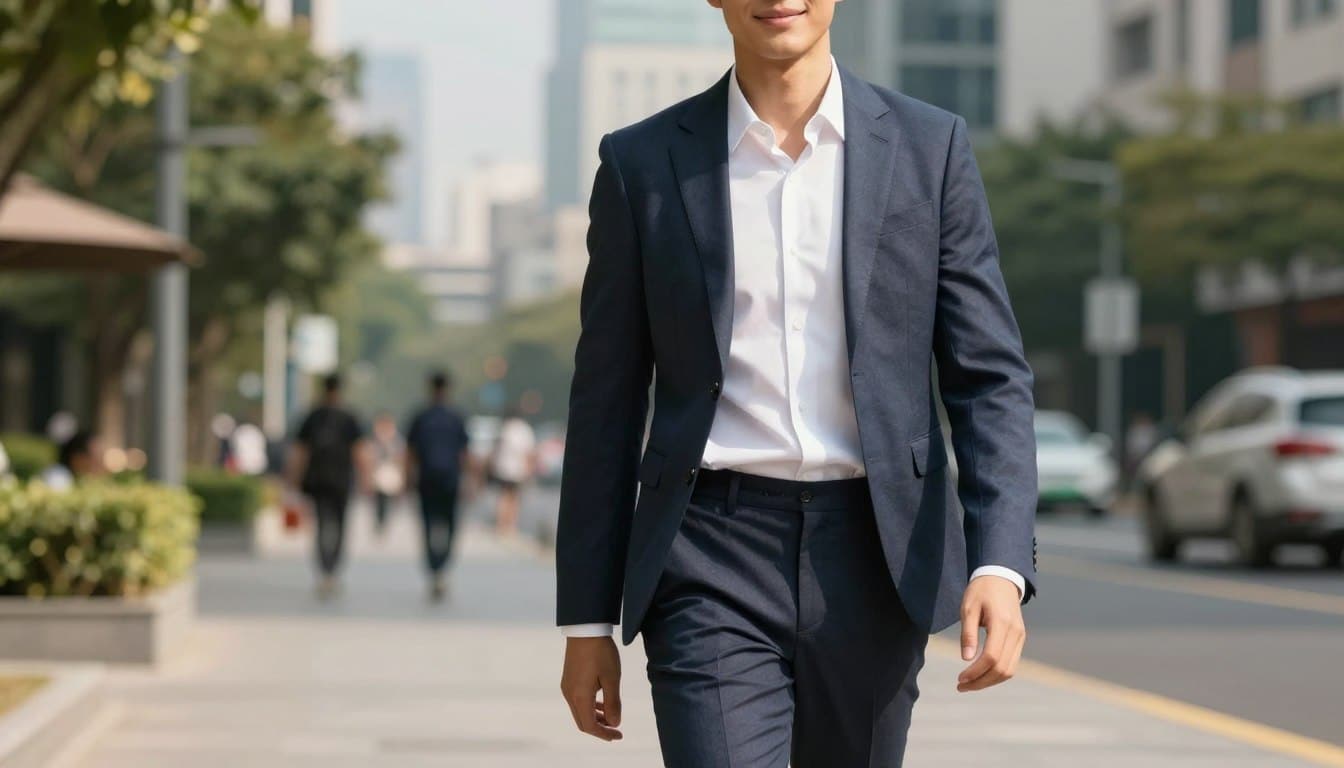 A stylish and confident person stands in a sunlit urban environment, embodying the essence of well-fitting clothing. The subject is dressed in a tailored blazer over a crisp white shirt, paired with fitted trousers that highlight their athletic build while allowing for easy movement. The foreground features the subject in a relaxed pose, gently smiling, with fabrics that drape elegantly. In the middle ground, a bustling city street can be seen, lined with greenery and modern buildings, hinting at a vibrant lifestyle. The lighting is soft and warm, casting gentle shadows that enhance the textures of the fabrics. The overall mood is uplifting and empowering, reflecting a seamless blend of comfort and style in the clothing. A stylish and confident person stands in a sunlit urban environment, embodying the essence of well-fitting clothing. The subject is dressed in a tailored blazer over a crisp white shirt, paired with fitted trousers that highlight their athletic build while allowing for easy movement. The foreground features the subject in a relaxed pose, gently smiling, with fabrics that drape elegantly. In the middle ground, a bustling city street can be seen, lined with greenery and modern buildings, hinting at a vibrant lifestyle. The lighting is soft and warm, casting gentle shadows that enhance the textures of the fabrics. The overall mood is uplifting and empowering, reflecting a seamless blend of comfort and style in the clothing.