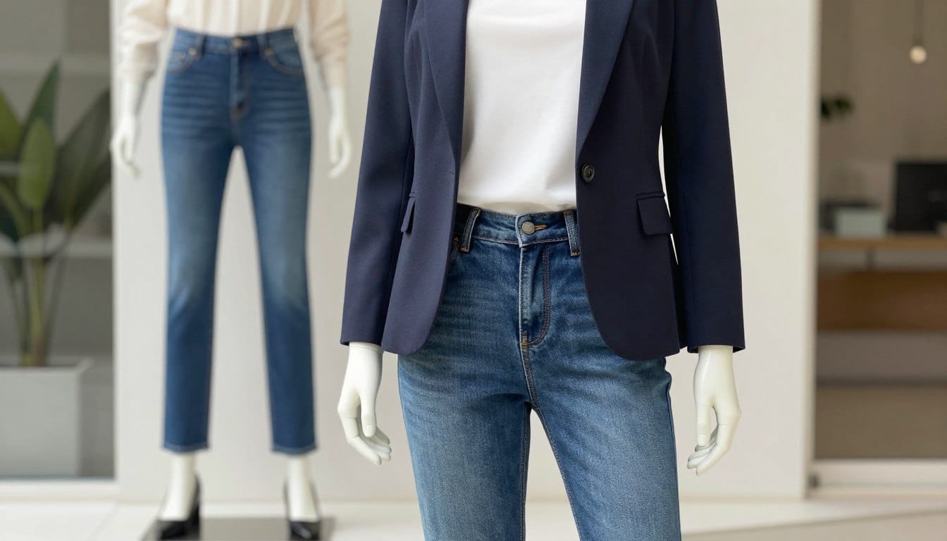A stylish arrangement of a well-fitted ensemble featuring tailored jeans, a crisp white top, and a chic blazer. The blazer drapes elegantly over the top, showcasing a sophisticated yet effortless look. Paired with trendy shoes that complement the outfit, the ensemble embodies modern elegance. In the foreground, focus on a mannequin displaying this outfit, illuminated by soft, natural light that enhances the textures and colors. In the background, a minimalist, softly blurred urban setting with hints of greenery adds depth and context, suggesting a lively yet relaxed atmosphere. The overall mood is polished and approachable, reflecting a sense of confidence and style without being overly formal, perfect for the theme of effortless beauty. A stylish arrangement of a well-fitted ensemble featuring tailored jeans, a crisp white top, and a chic blazer. The blazer drapes elegantly over the top, showcasing a sophisticated yet effortless look. Paired with trendy shoes that complement the outfit, the ensemble embodies modern elegance. In the foreground, focus on a mannequin displaying this outfit, illuminated by soft, natural light that enhances the textures and colors. In the background, a minimalist, softly blurred urban setting with hints of greenery adds depth and context, suggesting a lively yet relaxed atmosphere. The overall mood is polished and approachable, reflecting a sense of confidence and style without being overly formal, perfect for the theme of effortless beauty.