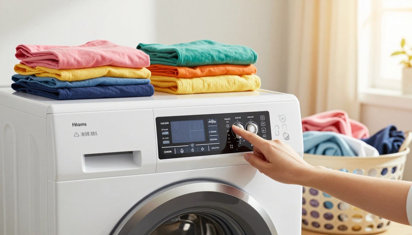 A stylish laundry room featuring a modern washing machine with various wash settings displayed on a digital panel. In the foreground, a close-up of a hand adjusting the settings, highlighting options such as ‘delicates’, ‘normal’, and ‘heavy duty’. The middle ground showcases neatly folded clothes in vibrant colors, and a small laundry basket filled with assorted fabrics to illustrate the range of materials. In the background, sunlight streams in through a window, casting a warm glow that creates an inviting atmosphere. The composition is balanced, emphasizing the importance of selecting the right wash settings for garment care. The scene conveys a sense of organization and care, highlighting practical laundry tips for clothing longevity. Bright and airy lighting enhances the freshness of the space.
