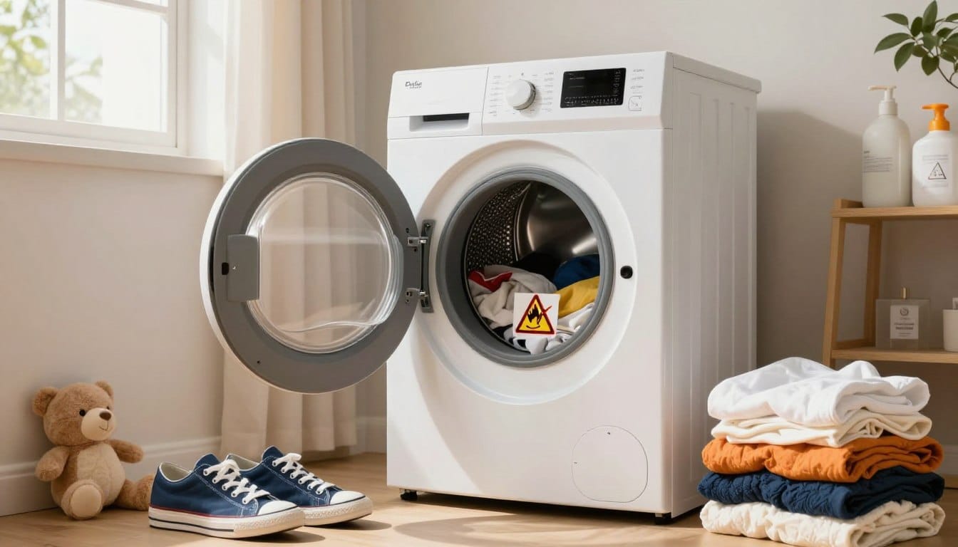 A well-lit, domestic laundry room with a modern clothes dryer taking center stage. In the foreground, a safe and professional depiction of various household items, like a pair of sneakers, a plush toy, and a stack of flammable fabric, placed dangerously close to the dryer. The middle ground features an open dryer door revealing clothes mixed with cautionary symbols like a crossed-out flame. The background shows neatly arranged laundry supplies and a window with natural light streaming in, creating a warm yet cautionary atmosphere. The overall mood conveys a sense of warning about the hidden hazards of using the dryer improperly, with soft shadows and bright highlights emphasizing safety. The image is composed from a slightly elevated angle to capture the entire scene effectively. A well-lit, domestic laundry room with a modern clothes dryer taking center stage. In the foreground, a safe and professional depiction of various household items, like a pair of sneakers, a plush toy, and a stack of flammable fabric, placed dangerously close to the dryer. The middle ground features an open dryer door revealing clothes mixed with cautionary symbols like a crossed-out flame. The background shows neatly arranged laundry supplies and a window with natural light streaming in, creating a warm yet cautionary atmosphere. The overall mood conveys a sense of warning about the hidden hazards of using the dryer improperly, with soft shadows and bright highlights emphasizing safety. The image is composed from a slightly elevated angle to capture the entire scene effectively.