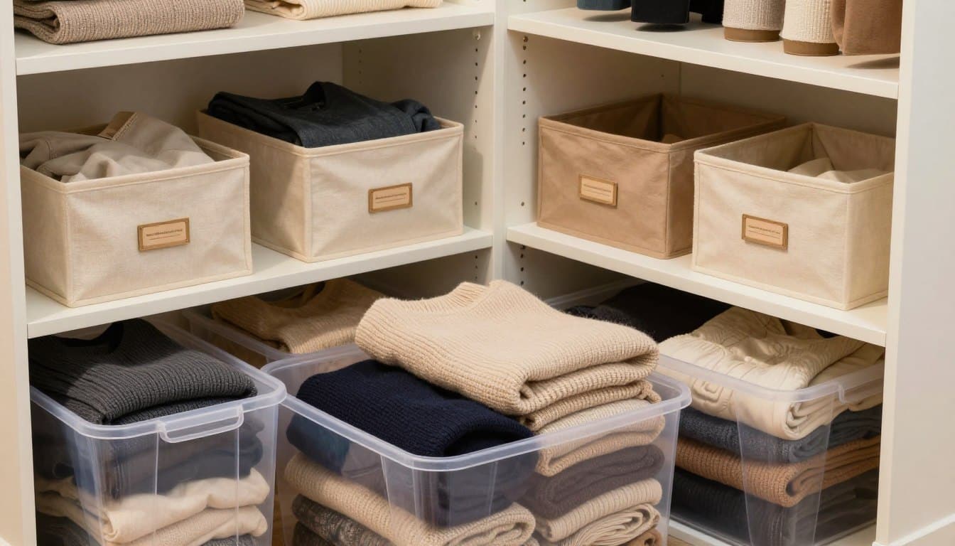 A well-organized and aesthetically pleasing storage space featuring a variety of storage containers suitable for seasonal clothing. In the foreground, showcase transparent plastic bins filled with neatly folded sweaters, scarves, and winter gear. In the middle ground, include canvas storage boxes in soft, muted colors, labeled with tags for easy identification. The background should display a minimalist closet or shelving unit, bathed in warm, natural light that softly illuminates the fabrics, creating a cozy atmosphere. The angle should be slightly above eye level, providing a clear view of the different storage options and their arrangement. The overall mood should convey a sense of orderliness and functionality, ideal for preserving clothing quality and space efficiency. A well-organized and aesthetically pleasing storage space featuring a variety of storage containers suitable for seasonal clothing. In the foreground, showcase transparent plastic bins filled with neatly folded sweaters, scarves, and winter gear. In the middle ground, include canvas storage boxes in soft, muted colors, labeled with tags for easy identification. The background should display a minimalist closet or shelving unit, bathed in warm, natural light that softly illuminates the fabrics, creating a cozy atmosphere. The angle should be slightly above eye level, providing a clear view of the different storage options and their arrangement. The overall mood should convey a sense of orderliness and functionality, ideal for preserving clothing quality and space efficiency.