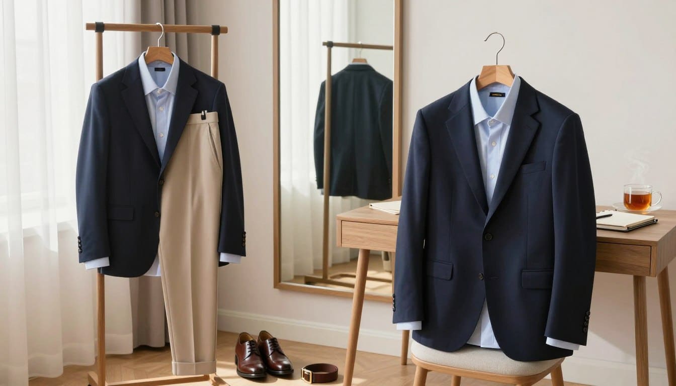 A well-organized wardrobe workspace showcasing a neatly arranged outfit for the next day. In the foreground, a stylish navy blazer draped over a chair next to a pale blue shirt and tailored beige trousers on a wooden rack. A pair of polished brown shoes sits on the floor, complemented by a classic leather belt. In the middle, a mirror reflects this horizontal setup, symbolizing self-reflection and confidence. The background features soft, natural light filtering through sheer curtains, creating a warm and inviting atmosphere. A stylish yet minimalist desk with a planner and a steaming cup of tea hints at a calm, deliberate routine. The overall mood is serene and orderly, encouraging a stress-free approach to getting dressed. A well-organized wardrobe workspace showcasing a neatly arranged outfit for the next day. In the foreground, a stylish navy blazer draped over a chair next to a pale blue shirt and tailored beige trousers on a wooden rack. A pair of polished brown shoes sits on the floor, complemented by a classic leather belt. In the middle, a mirror reflects this horizontal setup, symbolizing self-reflection and confidence. The background features soft, natural light filtering through sheer curtains, creating a warm and inviting atmosphere. A stylish yet minimalist desk with a planner and a steaming cup of tea hints at a calm, deliberate routine. The overall mood is serene and orderly, encouraging a stress-free approach to getting dressed.