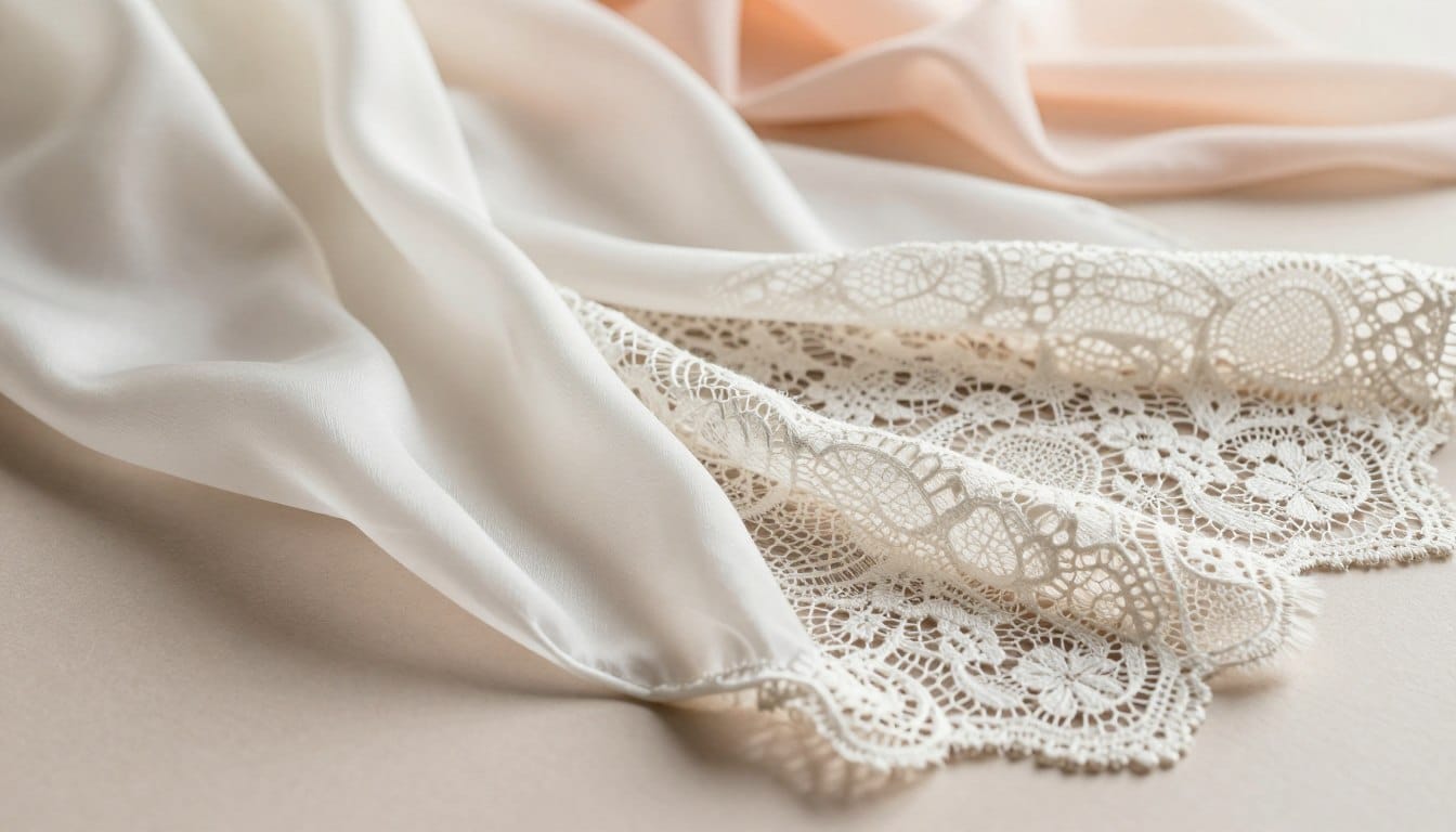 Silk lace delicate fabrics arranged artfully on a soft, neutral-toned surface. In the foreground, showcase a flowing piece of sheer silk gently draped alongside intricate lace against a backdrop of ethereal light. The middle layer features a close-up view that highlights the textures and intricate patterns of the lace, with light reflecting off its delicate threads. In the background, appear blurred hints of pastel colors, enhancing the softness of the composition. Use soft, natural lighting to create a serene atmosphere, emphasizing the elegance and fragility of the fabrics. Capture the scene from a slightly elevated angle, allowing the viewer to appreciate the layered textures and the gentle interplay of shadows and light across the materials. Focus on creating a calming, refined mood, suitable for an article on fabric care. Silk lace delicate fabrics arranged artfully on a soft, neutral-toned surface. In the foreground, showcase a flowing piece of sheer silk gently draped alongside intricate lace against a backdrop of ethereal light. The middle layer features a close-up view that highlights the textures and intricate patterns of the lace, with light reflecting off its delicate threads. In the background, appear blurred hints of pastel colors, enhancing the softness of the composition. Use soft, natural lighting to create a serene atmosphere, emphasizing the elegance and fragility of the fabrics. Capture the scene from a slightly elevated angle, allowing the viewer to appreciate the layered textures and the gentle interplay of shadows and light across the materials. Focus on creating a calming, refined mood, suitable for an article on fabric care.