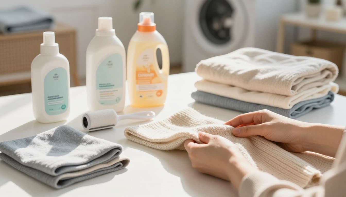 A beautifully arranged flat lay of various fabric care products, including delicate detergent bottles, a soft lint roller, and an assortment of fabric swatches, all positioned on a crisp, white surface. In the foreground, a gentle hand is seen carefully inspecting a luxuriously textured cashmere sweater to highlight the importance of fabric-specific care. The middle of the image features a radiant sunlight streaming in, casting a warm glow that enhances the textures and colors of the fabrics. The background is softly blurred with hints of neatly folded laundry and a cozy, inviting laundry room, creating a warm and nurturing atmosphere. The lighting is natural and bright, evoking a sense of freshness and care. A beautifully arranged flat lay of various fabric care products, including delicate detergent bottles, a soft lint roller, and an assortment of fabric swatches, all positioned on a crisp, white surface. In the foreground, a gentle hand is seen carefully inspecting a luxuriously textured cashmere sweater to highlight the importance of fabric-specific care. The middle of the image features a radiant sunlight streaming in, casting a warm glow that enhances the textures and colors of the fabrics. The background is softly blurred with hints of neatly folded laundry and a cozy, inviting laundry room, creating a warm and nurturing atmosphere. The lighting is natural and bright, evoking a sense of freshness and care.