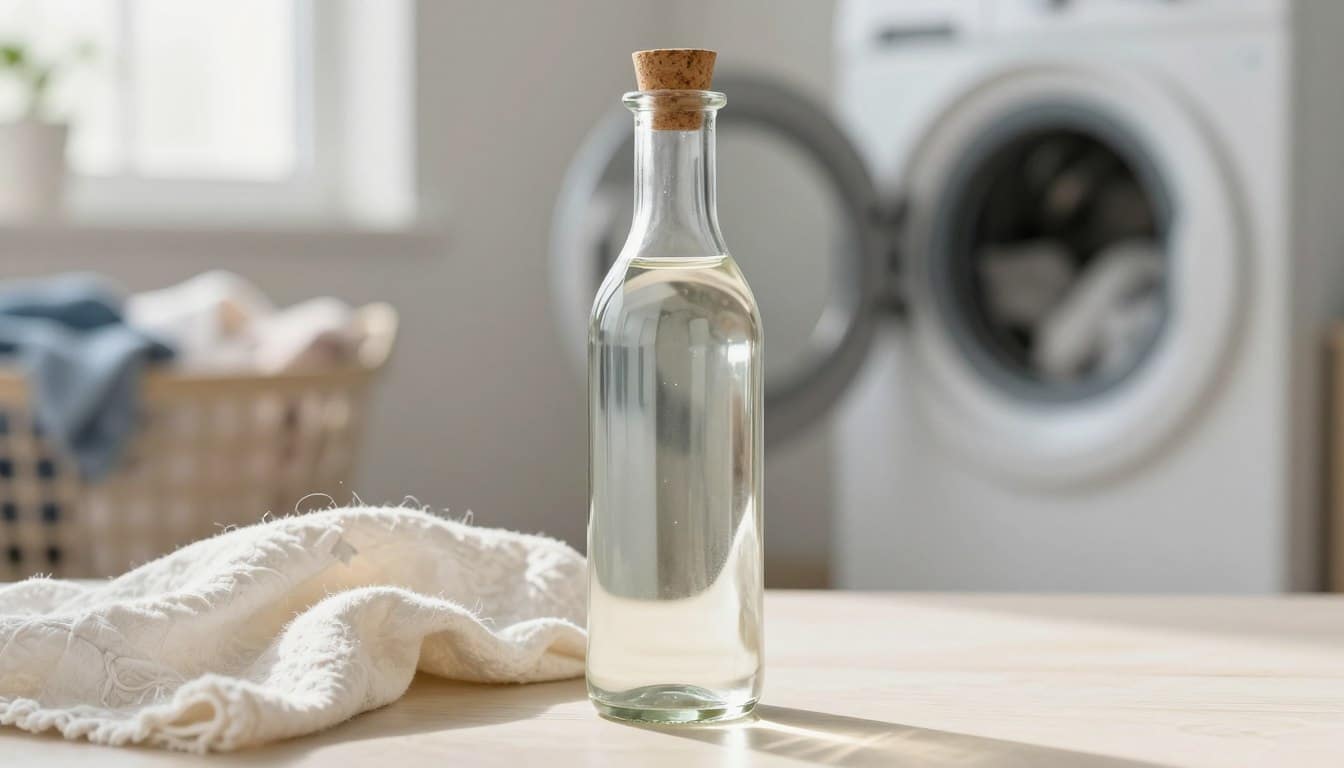 A clear glass bottle of white vinegar sits prominently in the foreground, its surface reflecting light, showcasing the clarity of the liquid inside. The bottle has a simple, elegant design with a cork stopper. In the middle ground, a soft, washed cotton fabric is draped casually, hinting at its use in laundry, with delicate fibers gently catching the light. The background features a subtle, blurred laundry room with a washing machine and a basket filled with freshly washed clothes, creating an ambiance of cleanliness and freshness. Soft, natural daylight filters through a nearby window, casting a warm glow across the scene, evoking a sense of calm and preparation. The overall mood is inviting and educational, emphasizing the importance of using vinegar in laundry care. A clear glass bottle of white vinegar sits prominently in the foreground, its surface reflecting light, showcasing the clarity of the liquid inside. The bottle has a simple, elegant design with a cork stopper. In the middle ground, a soft, washed cotton fabric is draped casually, hinting at its use in laundry, with delicate fibers gently catching the light. The background features a subtle, blurred laundry room with a washing machine and a basket filled with freshly washed clothes, creating an ambiance of cleanliness and freshness. Soft, natural daylight filters through a nearby window, casting a warm glow across the scene, evoking a sense of calm and preparation. The overall mood is inviting and educational, emphasizing the importance of using vinegar in laundry care.