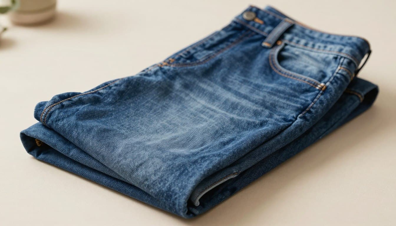 A close-up shot of a pair of perfectly tailored blue jeans displayed against a soft, neutral background. The jeans feature classic five-pocket styling, a slightly faded wash, and subtle stitching details, showcasing their premium quality. In the foreground, the jeans are elegantly folded to emphasize their crisp lines and flattering shape. Soft, natural lighting casts gentle shadows, enhancing the texture of the denim and creating a warm, inviting atmosphere. The background is blurred to bring focus to the jeans, which appear as though they were crafted specifically for the viewer, highlighting their confidence-boosting fit. The overall mood is chic and polished, appealing to those seeking their ideal wardrobe staple. A close-up shot of a pair of perfectly tailored blue jeans displayed against a soft, neutral background. The jeans feature classic five-pocket styling, a slightly faded wash, and subtle stitching details, showcasing their premium quality. In the foreground, the jeans are elegantly folded to emphasize their crisp lines and flattering shape. Soft, natural lighting casts gentle shadows, enhancing the texture of the denim and creating a warm, inviting atmosphere. The background is blurred to bring focus to the jeans, which appear as though they were crafted specifically for the viewer, highlighting their confidence-boosting fit. The overall mood is chic and polished, appealing to those seeking their ideal wardrobe staple.