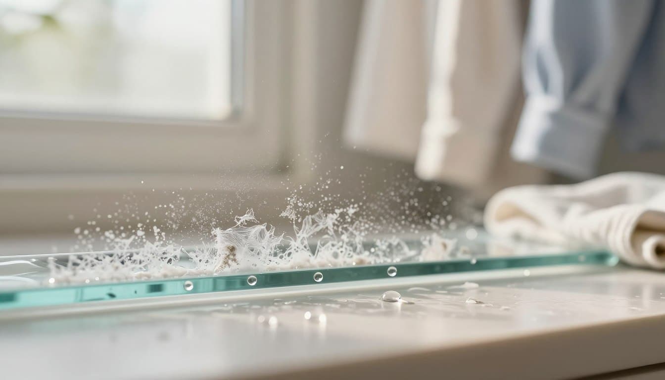A close-up view of hard water deposits on a smooth surface, such as a faucet or glass, revealing intricate, crystalline patterns and white calcium buildup. In the foreground, droplets of water cling to the surface, glistening in soft, natural sunlight that filters in through a nearby window. The middle ground presents a subtle blend of textures, showcasing the contrast between the smooth glass and the rough deposits of lime scale. The background features blurred outlines of laundry items, like soft cotton shirts or towels, hinting at the topic of fabric care. The overall mood is fresh and clean, emphasizing the effects of hard water, with a warm color palette enhancing the inviting atmosphere. The image should capture the idea of hard water's impact on daily life without including any text or distractions. A close-up view of hard water deposits on a smooth surface, such as a faucet or glass, revealing intricate, crystalline patterns and white calcium buildup. In the foreground, droplets of water cling to the surface, glistening in soft, natural sunlight that filters in through a nearby window. The middle ground presents a subtle blend of textures, showcasing the contrast between the smooth glass and the rough deposits of lime scale. The background features blurred outlines of laundry items, like soft cotton shirts or towels, hinting at the topic of fabric care. The overall mood is fresh and clean, emphasizing the effects of hard water, with a warm color palette enhancing the inviting atmosphere. The image should capture the idea of hard water's impact on daily life without including any text or distractions.