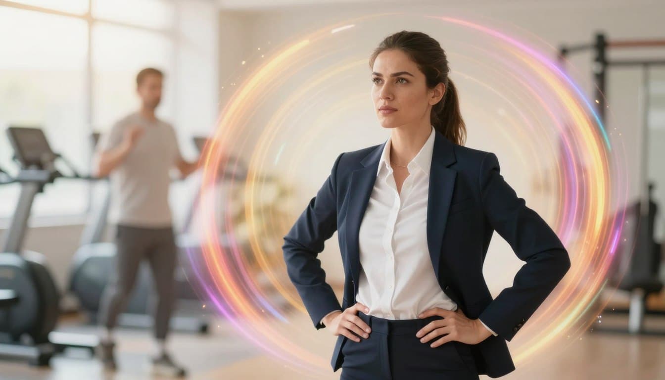 A confident individual standing in a dynamic pose, embodying the essence of self-talk as a supportive coach. In the foreground, the person, dressed in professional business attire, has a determined expression, surrounded by vibrant energy waves symbolizing positive thoughts. In the middle ground, a blurred outline of a gym or motivational setting, enhancing the concept of coaching. The background features soft, uplifting colors that suggest a warm morning light, creating an optimistic atmosphere. The focus is sharp on the individual, with a slight lens blur around the edges to draw attention to them. The overall mood is empowering and encouraging, reflecting the theme of self-encouragement and resilience. A confident individual standing in a dynamic pose, embodying the essence of self-talk as a supportive coach. In the foreground, the person, dressed in professional business attire, has a determined expression, surrounded by vibrant energy waves symbolizing positive thoughts. In the middle ground, a blurred outline of a gym or motivational setting, enhancing the concept of coaching. The background features soft, uplifting colors that suggest a warm morning light, creating an optimistic atmosphere. The focus is sharp on the individual, with a slight lens blur around the edges to draw attention to them. The overall mood is empowering and encouraging, reflecting the theme of self-encouragement and resilience.