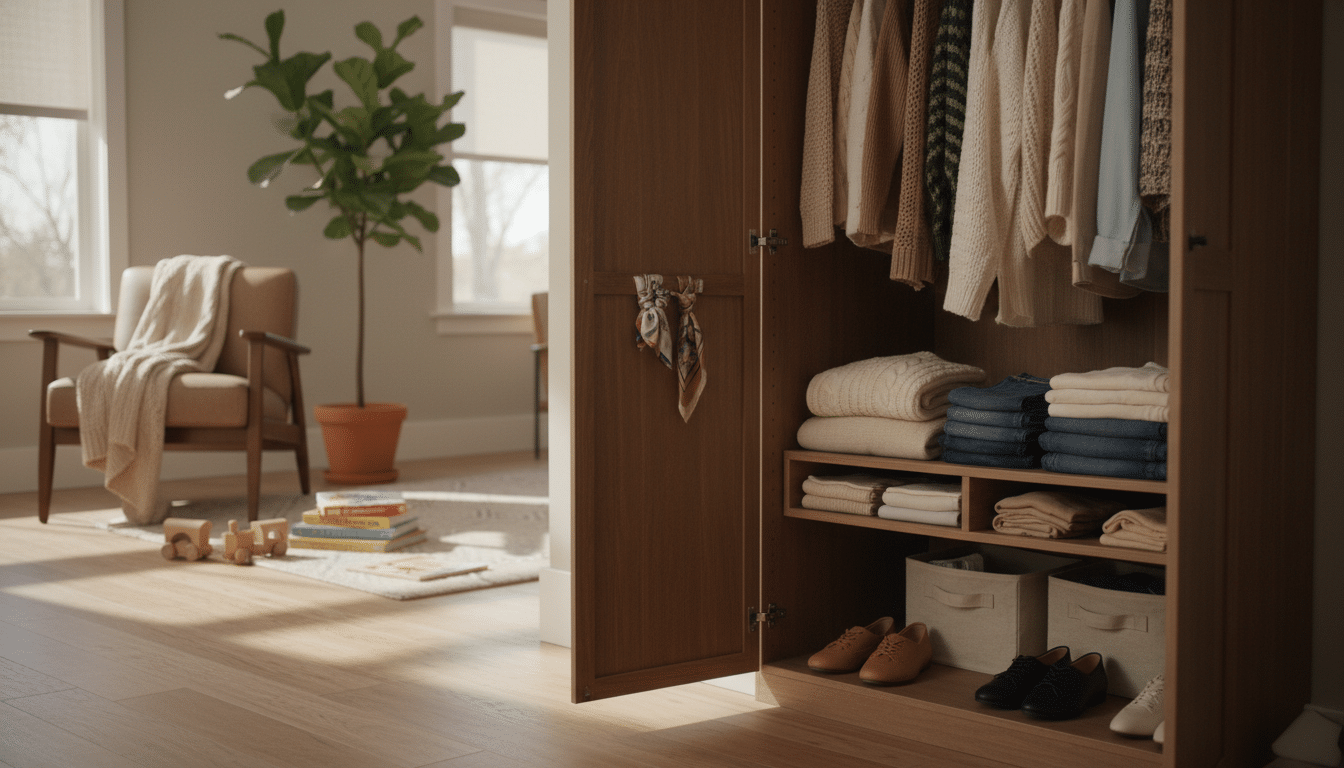 A cozy, inviting home environment featuring a stylish yet practical wardrobe that reflects the everyday life of a stay-at-home mom. In the foreground, display an open wardrobe with neatly organized shelves showcasing casual, versatile clothing items such as soft sweaters, jeans, and comfortable flats. The middle ground includes a tastefully decorated room with natural light streaming through a window, casting warm shadows. A small chair and a houseplant add a touch of homeliness, while a subtle hint of toys or children's books in the background represents the lively atmosphere of family life. The overall mood should be warm, welcoming, and relatable, emphasizing simplicity and practicality in wardrobe choices. Capture this scene with soft, diffused lighting for a gentle ambiance. A cozy, inviting home environment featuring a stylish yet practical wardrobe that reflects the everyday life of a stay-at-home mom. In the foreground, display an open wardrobe with neatly organized shelves showcasing casual, versatile clothing items such as soft sweaters, jeans, and comfortable flats. The middle ground includes a tastefully decorated room with natural light streaming through a window, casting warm shadows. A small chair and a houseplant add a touch of homeliness, while a subtle hint of toys or children's books in the background represents the lively atmosphere of family life. The overall mood should be warm, welcoming, and relatable, emphasizing simplicity and practicality in wardrobe choices. Capture this scene with soft, diffused lighting for a gentle ambiance.