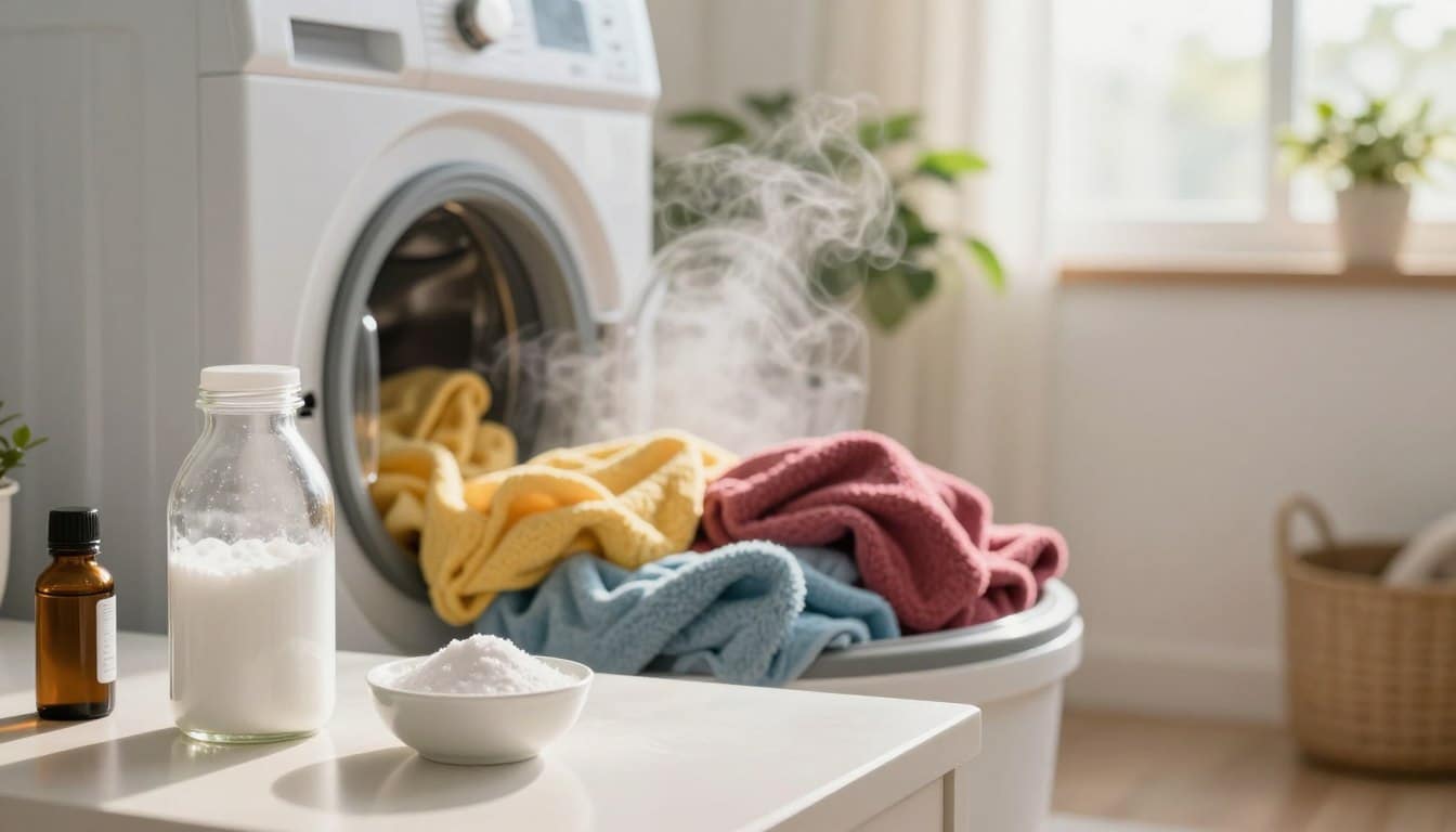 A cozy laundry room scene featuring a wash routine that softens clothes. In the foreground, a neatly organized countertop displays natural laundry essentials such as a glass jar filled with white vinegar, a bowl of baking soda, and a delicate bottle of essential oils, all arranged artistically. In the middle, a washing machine is open with a load of colorful, fluffy clothes ready to be washed, and there is soft steam rising from the machine, suggesting moisture and freshness. In the background, sunlight filters through a window, casting warm, inviting light across the room, enhancing the soothing atmosphere. A green potted plant is placed nearby, adding a touch of nature. The overall mood conveys comfort, cleanliness, and an effective washing routine, with soft focus effects to enhance the warmth and tranquility of the scene. A cozy laundry room scene featuring a wash routine that softens clothes. In the foreground, a neatly organized countertop displays natural laundry essentials such as a glass jar filled with white vinegar, a bowl of baking soda, and a delicate bottle of essential oils, all arranged artistically. In the middle, a washing machine is open with a load of colorful, fluffy clothes ready to be washed, and there is soft steam rising from the machine, suggesting moisture and freshness. In the background, sunlight filters through a window, casting warm, inviting light across the room, enhancing the soothing atmosphere. A green potted plant is placed nearby, adding a touch of nature. The overall mood conveys comfort, cleanliness, and an effective washing routine, with soft focus effects to enhance the warmth and tranquility of the scene.