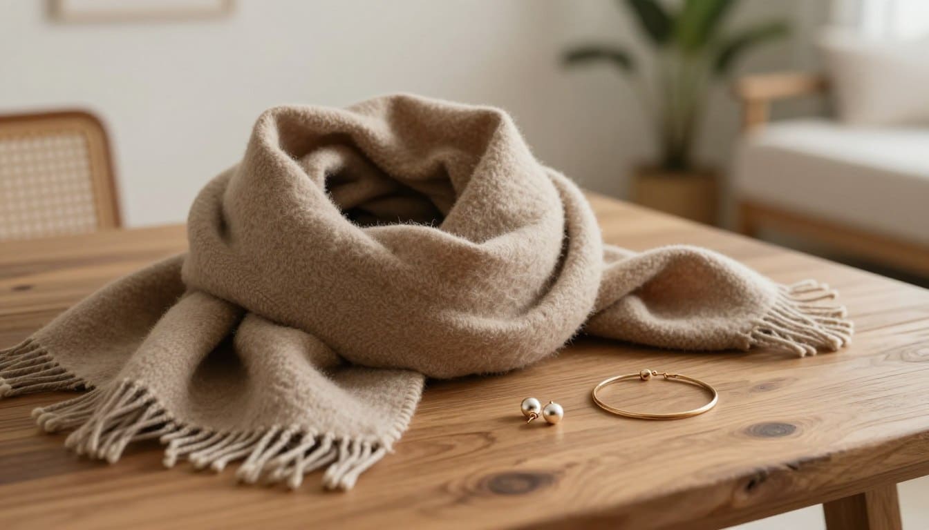A cozy, soft scarf draped elegantly over a rustic wooden table, accompanied by delicate, simple jewelry pieces such as stud earrings and a thin bracelet. The scarf, in warm earth tones, is partially unraveled to reveal its plush texture, while the jewelry glistens subtly in soft, ambient lighting. In the background, a blurred vignette of a minimalist bedroom, adorned with light-colored walls and a hint of greenery from a potted plant, adds depth. The scene is captured from a slightly elevated angle to emphasize the accessories' details, with a warm, inviting atmosphere that conveys comfort and sophistication. The overall mood is serene and polished, perfect for a feel-good accessory showcase. A cozy, soft scarf draped elegantly over a rustic wooden table, accompanied by delicate, simple jewelry pieces such as stud earrings and a thin bracelet. The scarf, in warm earth tones, is partially unraveled to reveal its plush texture, while the jewelry glistens subtly in soft, ambient lighting. In the background, a blurred vignette of a minimalist bedroom, adorned with light-colored walls and a hint of greenery from a potted plant, adds depth. The scene is captured from a slightly elevated angle to emphasize the accessories' details, with a warm, inviting atmosphere that conveys comfort and sophistication. The overall mood is serene and polished, perfect for a feel-good accessory showcase.
