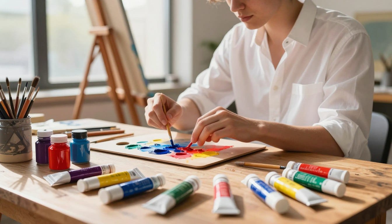 A dynamic composition showcasing a vibrant artist's workspace. In the foreground, an array of colorful paint tubes and brushes lies scattered across a wooden table. The paints are vivid, reflecting a spectrum of hues—bold reds, tranquil blues, and sunny yellows. In the middle ground, a well-dressed artist, wearing a crisp white shirt and rolled-up sleeves, is in the act of mixing colors on a palette, their expression focused and creative. The background features an easel with a partially completed canvas, bathed in warm, natural light streaming through a large window, casting soft shadows. The overall mood is inspiring and energetic, emphasizing creativity and the transformative power of color.