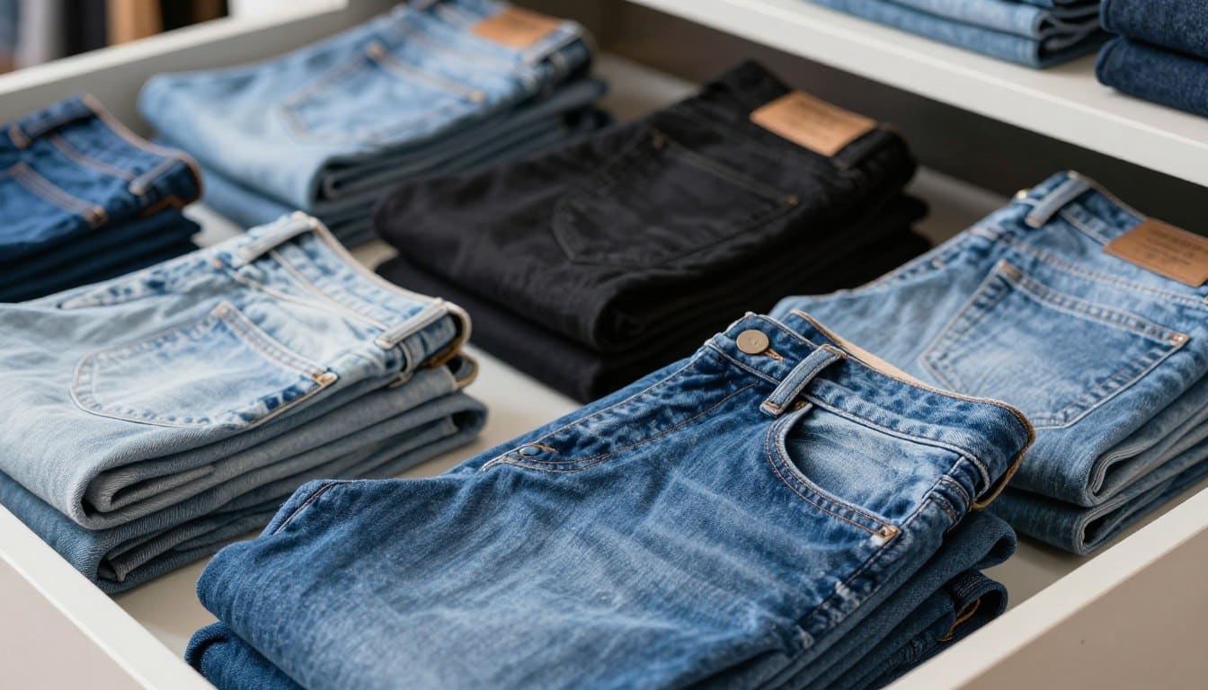 A neatly arranged display of various denim jeans folded compactly, showcasing different styles and colors. In the foreground, focus on a pair of classic blue jeans folded in a smart way to maximize space. In the middle, include a few pairs of black and light-wash jeans stacked neatly, demonstrating effective folding techniques that save space. The background features a stylishly organized drawer or shelf, subtly blurred to emphasize the jeans in the foreground. Soft, natural lighting highlights the texture of the denim, creating a cozy and inviting atmosphere. The camera angle is slightly above eye level, delivering a clear view of the folded jeans while giving a sense of organization. A neatly arranged display of various denim jeans folded compactly, showcasing different styles and colors. In the foreground, focus on a pair of classic blue jeans folded in a smart way to maximize space. In the middle, include a few pairs of black and light-wash jeans stacked neatly, demonstrating effective folding techniques that save space. The background features a stylishly organized drawer or shelf, subtly blurred to emphasize the jeans in the foreground. Soft, natural lighting highlights the texture of the denim, creating a cozy and inviting atmosphere. The camera angle is slightly above eye level, delivering a clear view of the folded jeans while giving a sense of organization.
