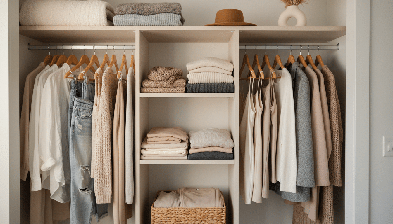 A neatly organized open closet filled with a capsule wardrobe, showcasing a minimalistic collection of stylish, versatile clothing in neutral tones like beige, soft gray, and muted pastels. In the foreground, hangers feature coordinated outfits including casual tops, a tailored blazer, and comfortable jeans. The middle of the image highlights neatly folded sweaters and accessories like scarves and hats on minimalist shelves, all bathed in warm, soft lighting to create an inviting atmosphere. The background reveals light-colored walls and an elegant, simple decor that emphasizes a sense of tranquility and clarity. Use a gentle focus to enhance detail on the clothing textures while maintaining a serene overall mood, ideal for inspiring stay-at-home moms seeking simplicity in their wardrobe. A neatly organized open closet filled with a capsule wardrobe, showcasing a minimalistic collection of stylish, versatile clothing in neutral tones like beige, soft gray, and muted pastels. In the foreground, hangers feature coordinated outfits including casual tops, a tailored blazer, and comfortable jeans. The middle of the image highlights neatly folded sweaters and accessories like scarves and hats on minimalist shelves, all bathed in warm, soft lighting to create an inviting atmosphere. The background reveals light-colored walls and an elegant, simple decor that emphasizes a sense of tranquility and clarity. Use a gentle focus to enhance detail on the clothing textures while maintaining a serene overall mood, ideal for inspiring stay-at-home moms seeking simplicity in their wardrobe.
