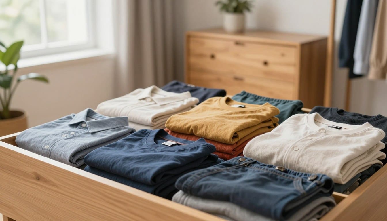 A neatly organized wardrobe featuring the file folding method, inspired by KonMari. In the foreground, several colorful folded clothing items, including shirts, pants, and sweaters, are standing upright in a drawer, showcasing their neatness and easy visibility. The middle ground captures a spacious, well-lit room with a wooden dresser, highlighting the sense of order. Soft, natural light streams through a nearby window, creating a warm and inviting atmosphere. The background includes a minimalist decor with houseplants and a serene color palette, enhancing the calm mood. The lens captures all details crisply, focusing on the clothing’s texture and folds. The overall composition should evoke a sense of tranquility and organization, demonstrating the smart way to save space through effective clothing storage. A neatly organized wardrobe featuring the file folding method, inspired by KonMari. In the foreground, several colorful folded clothing items, including shirts, pants, and sweaters, are standing upright in a drawer, showcasing their neatness and easy visibility. The middle ground captures a spacious, well-lit room with a wooden dresser, highlighting the sense of order. Soft, natural light streams through a nearby window, creating a warm and inviting atmosphere. The background includes a minimalist decor with houseplants and a serene color palette, enhancing the calm mood. The lens captures all details crisply, focusing on the clothing’s texture and folds. The overall composition should evoke a sense of tranquility and organization, demonstrating the smart way to save space through effective clothing storage.